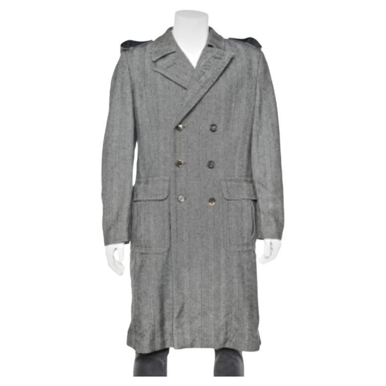 Roberto Cavalli Grey Wool Herringbone Double Breasted Coat XL