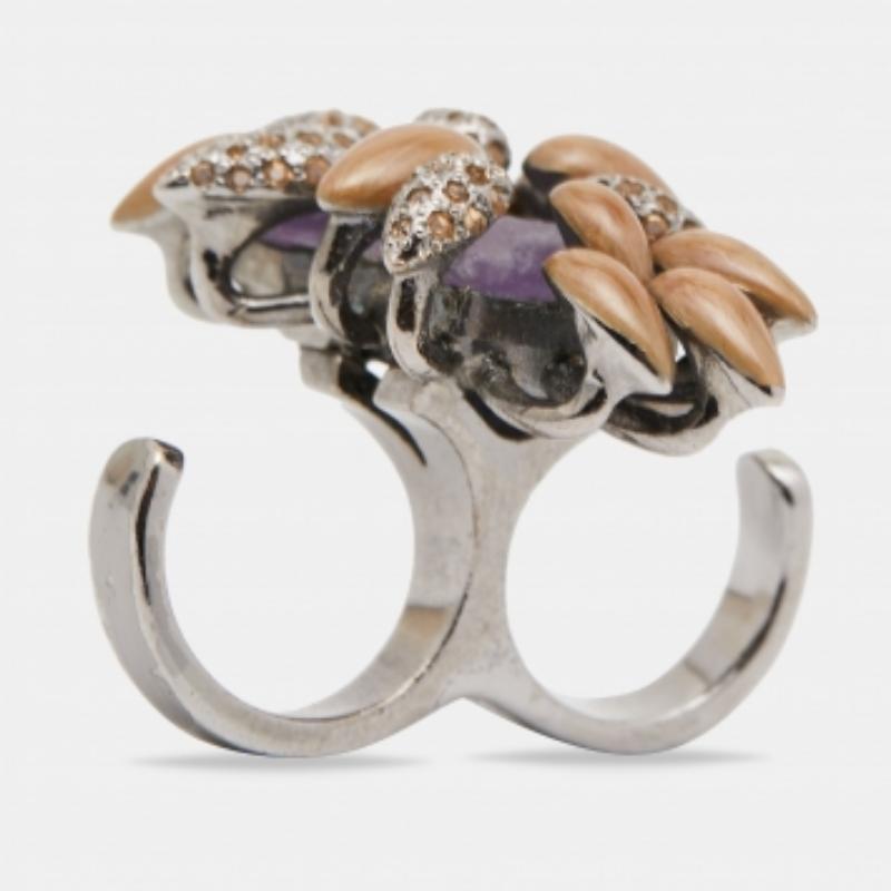 Donna Roberto Cavalli Anello a doppio dito con cristalli e pietre in tonalità canna di fucile, misura EU 56 in vendita