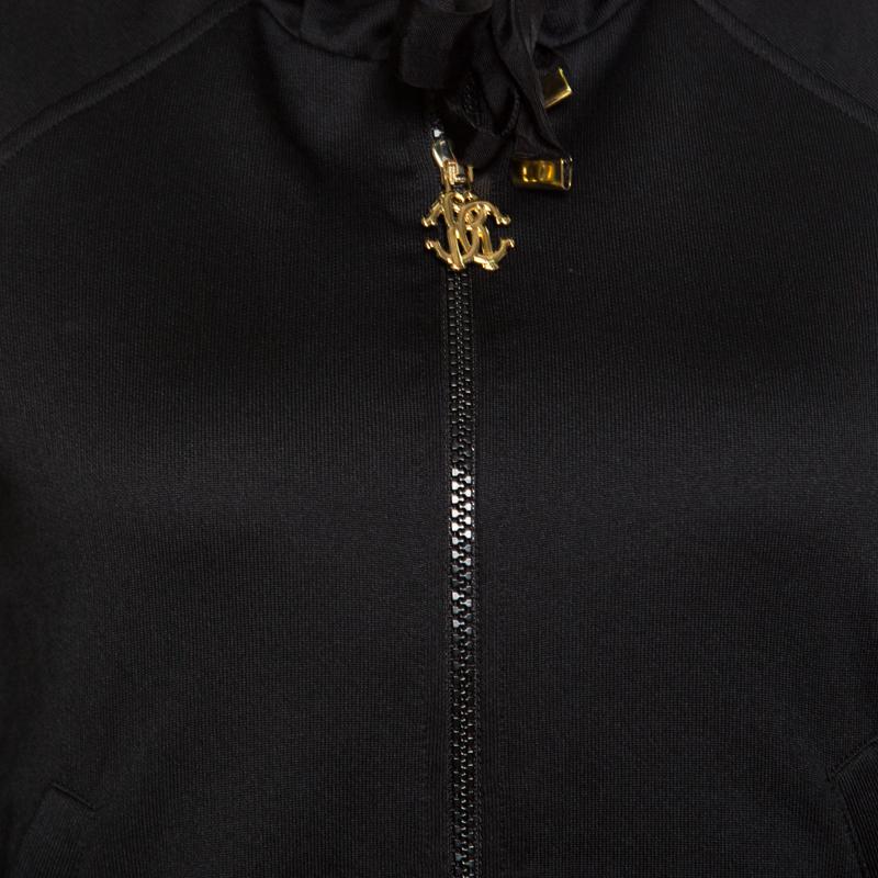 Women's Roberto Cavalli Gym Black Knit Faux Leather Trim Hooded Sweatshirt S
