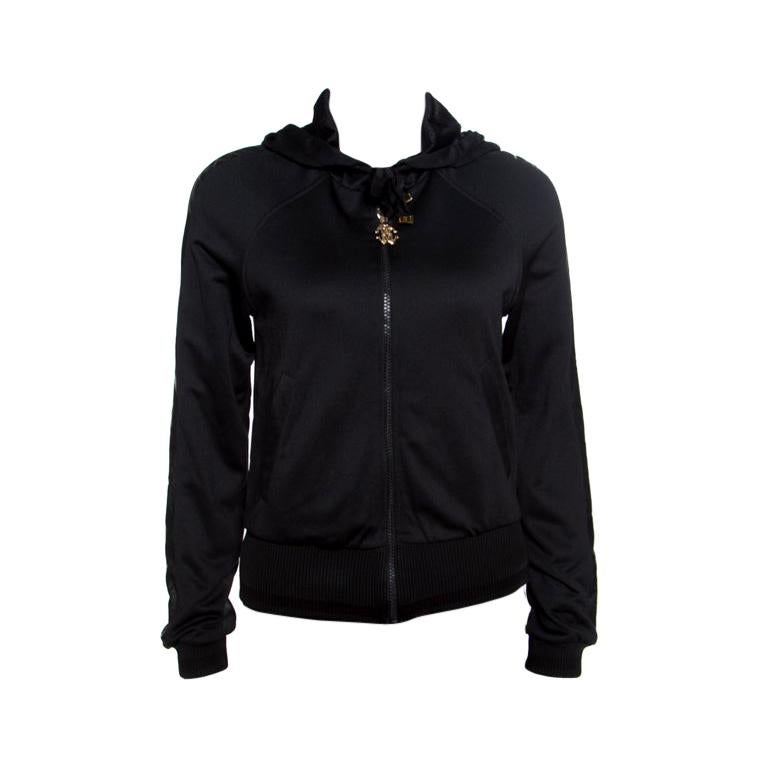 Roberto Cavalli Gym Black Knit Faux Leather Trim Hooded Sweatshirt S