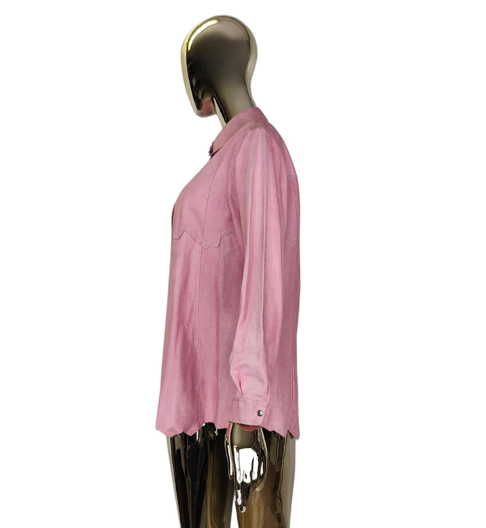 Roberto Cavalli holographic pink suede leather shirt In Fair Condition In Milano, IT
