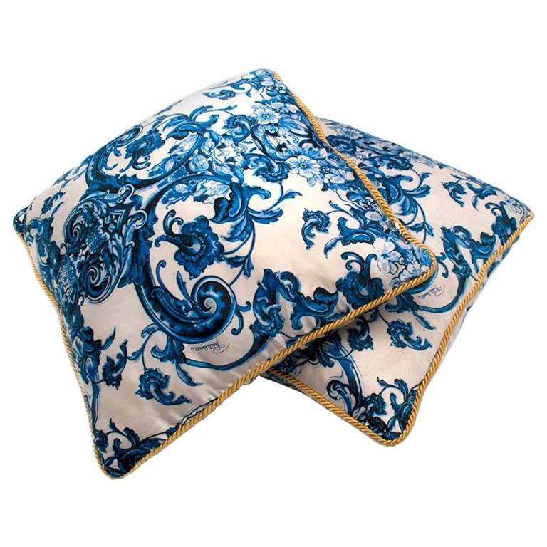 Roberto Cavalli Home Blue Silk Tile Print Set of 2 Cushions For Sale