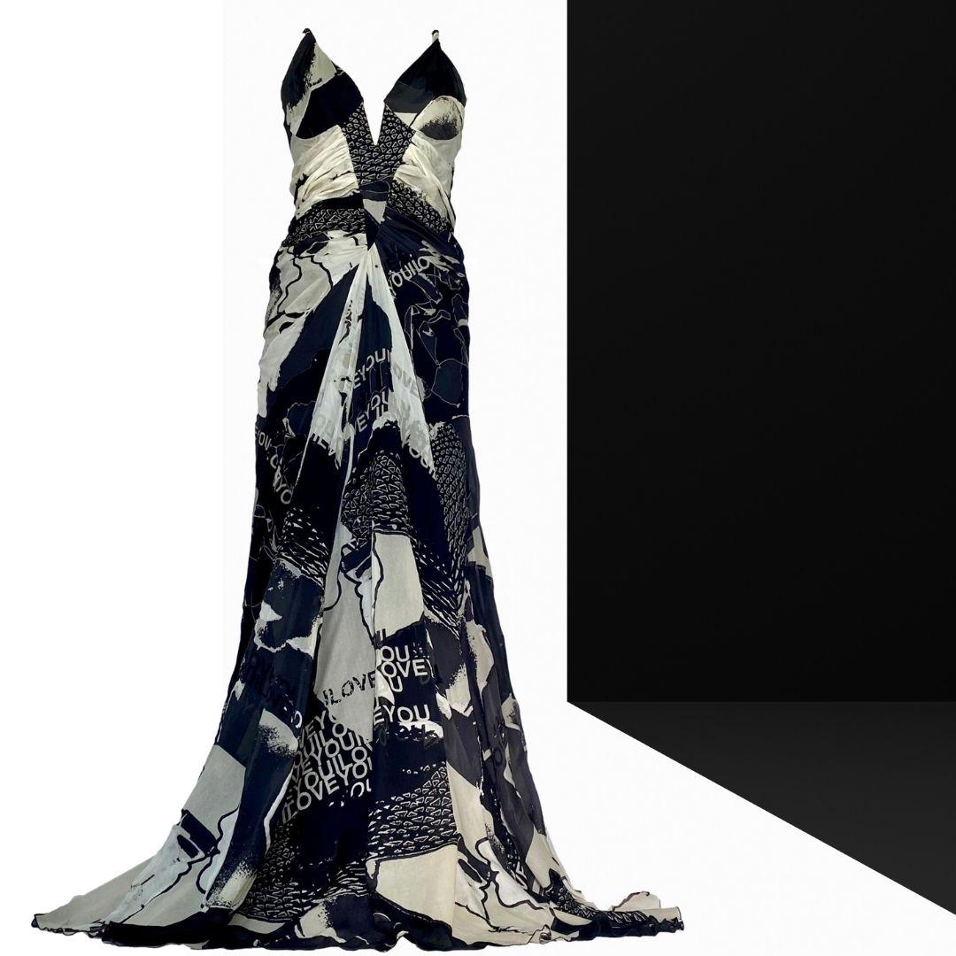 Roberto Cavalli - I Love You Logo Runway Evening Gown Dress. This dress is constructed with a sturdy zip up bodysuit/corset.  The dress is made of silk and heavily boned for a snug tiny waist fit.  The dress is cut on the bias and allows for a