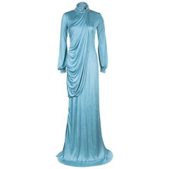 Roberto Cavalli Ice Blue Jersey Draped Gown L