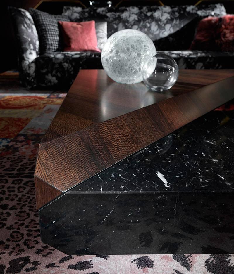 Central table with multi-layer wood structure. One half in wengè oak and one half in black marquinia marble.
