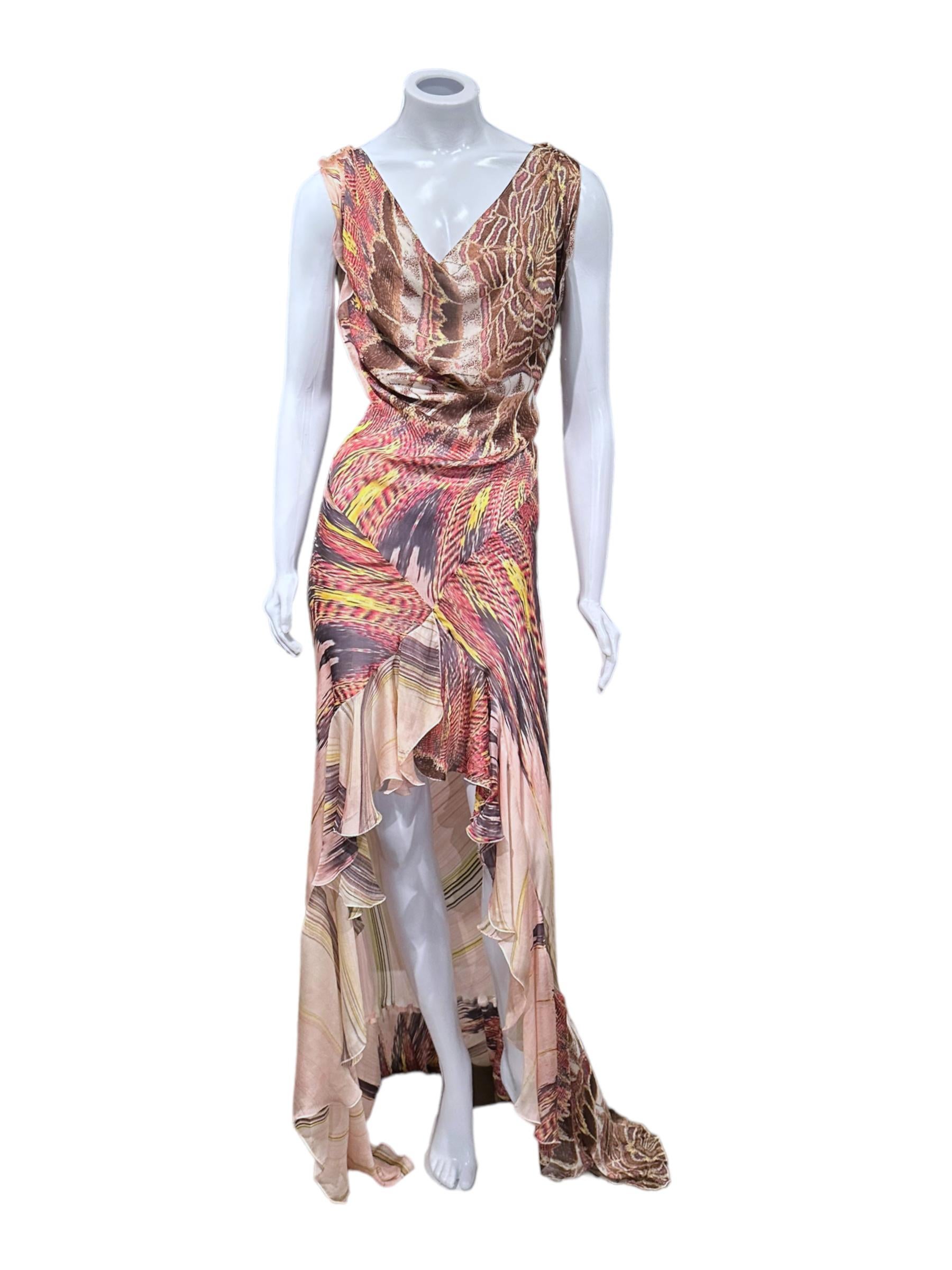 Roberto Cavalli - Iconic Feather Print Ss 2004 - abito da sera in seta con scollo a cappuccio e taglio fluido in vendita 6
