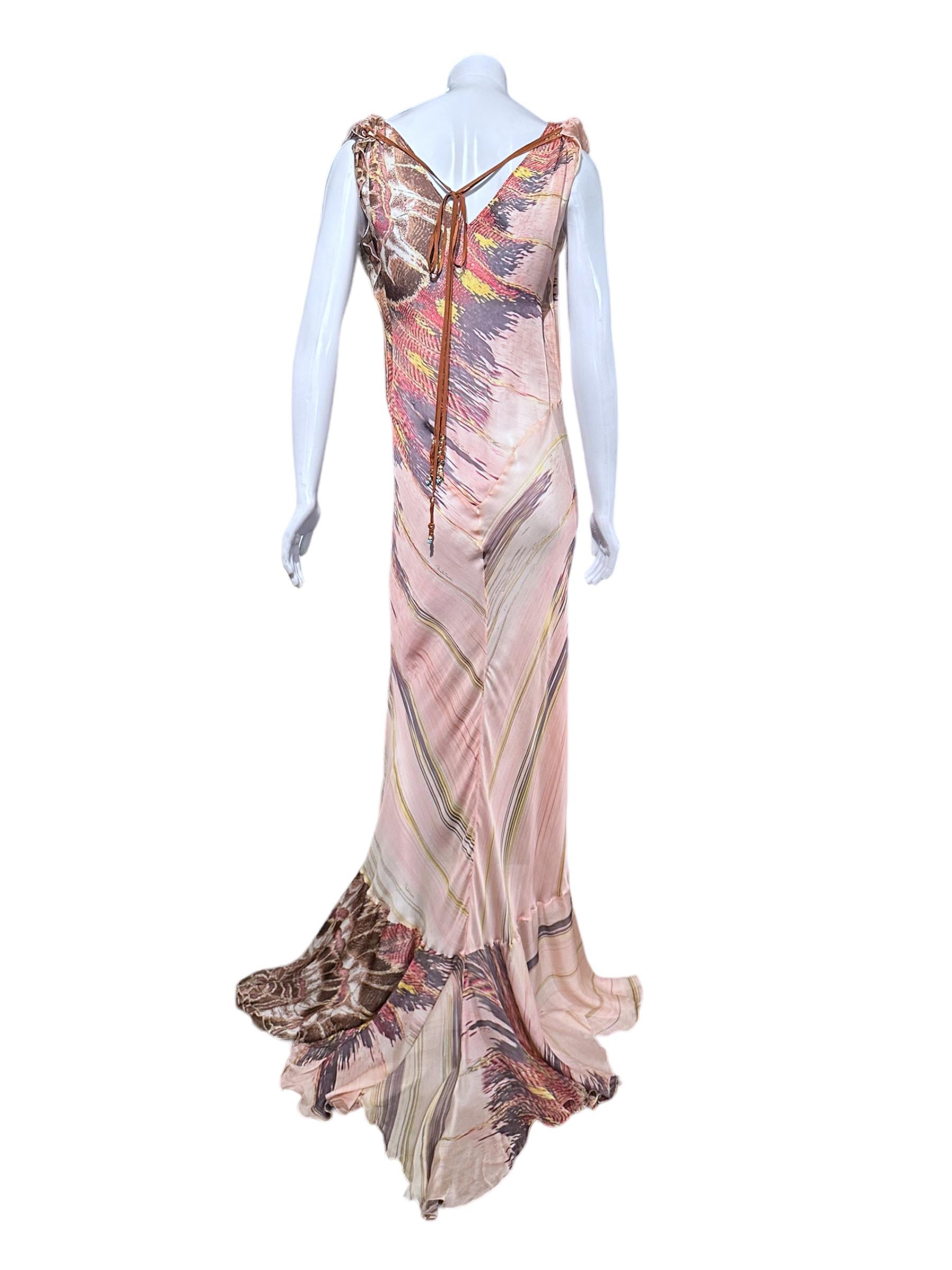 Women's or Men's Roberto Cavalli Iconic Feather Print Ss 2004 Cowl Neck Flowy Silk Slip Gown For Sale