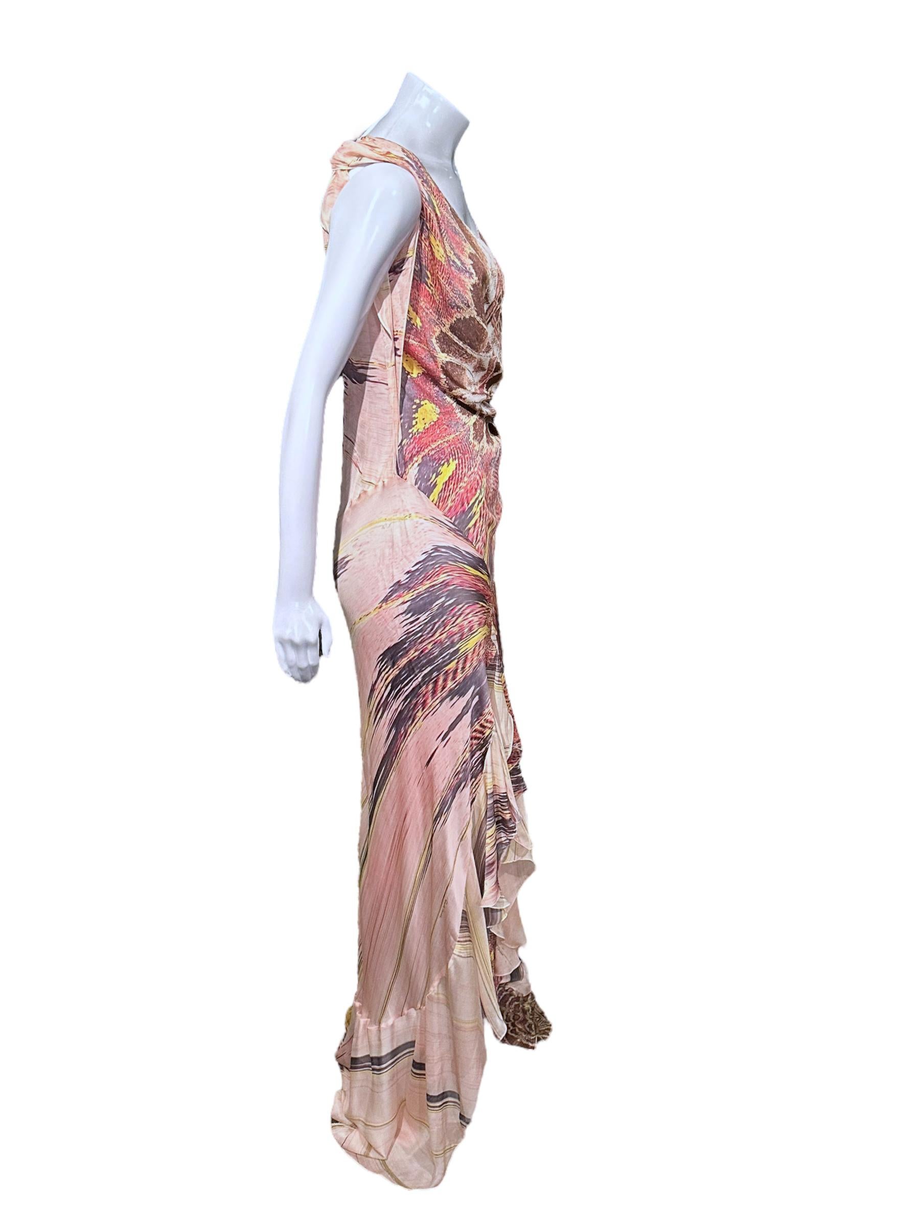 da uomo o donna Roberto Cavalli - Iconic Feather Print Ss 2004 - abito da sera in seta con scollo a cappuccio e taglio fluido in vendita