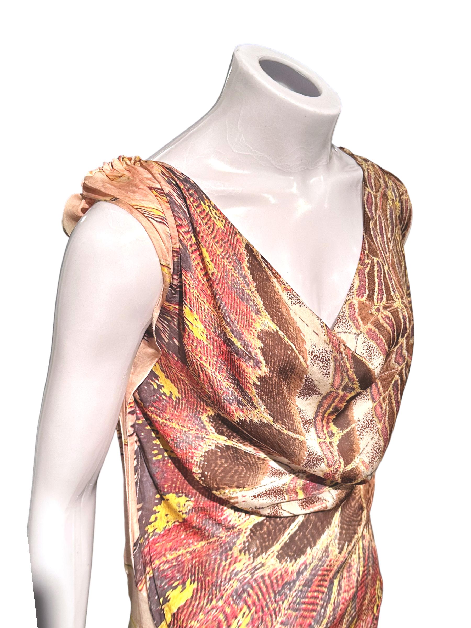 Roberto Cavalli Iconic Feather Print Ss 2004 Cowl Neck Flowy Silk Slip Gown For Sale 4