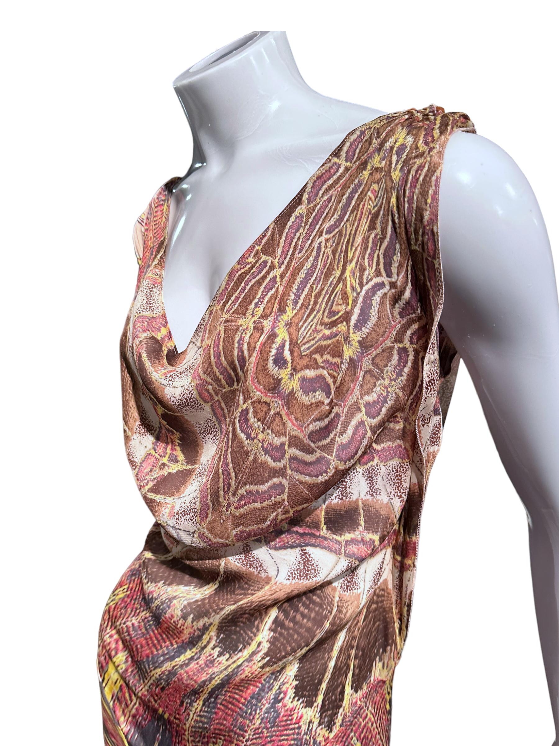 Roberto Cavalli Iconic Feather Print Ss 2004 Cowl Neck Flowy Silk Slip Gown For Sale 5