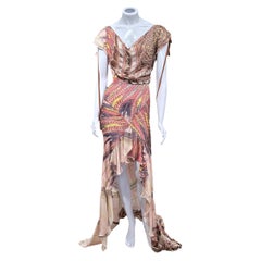 Roberto Cavalli Iconic Feather Print Ss 2004 Cowl Neck Flowy Silk Slip Gown (robe à bretelles en soie)