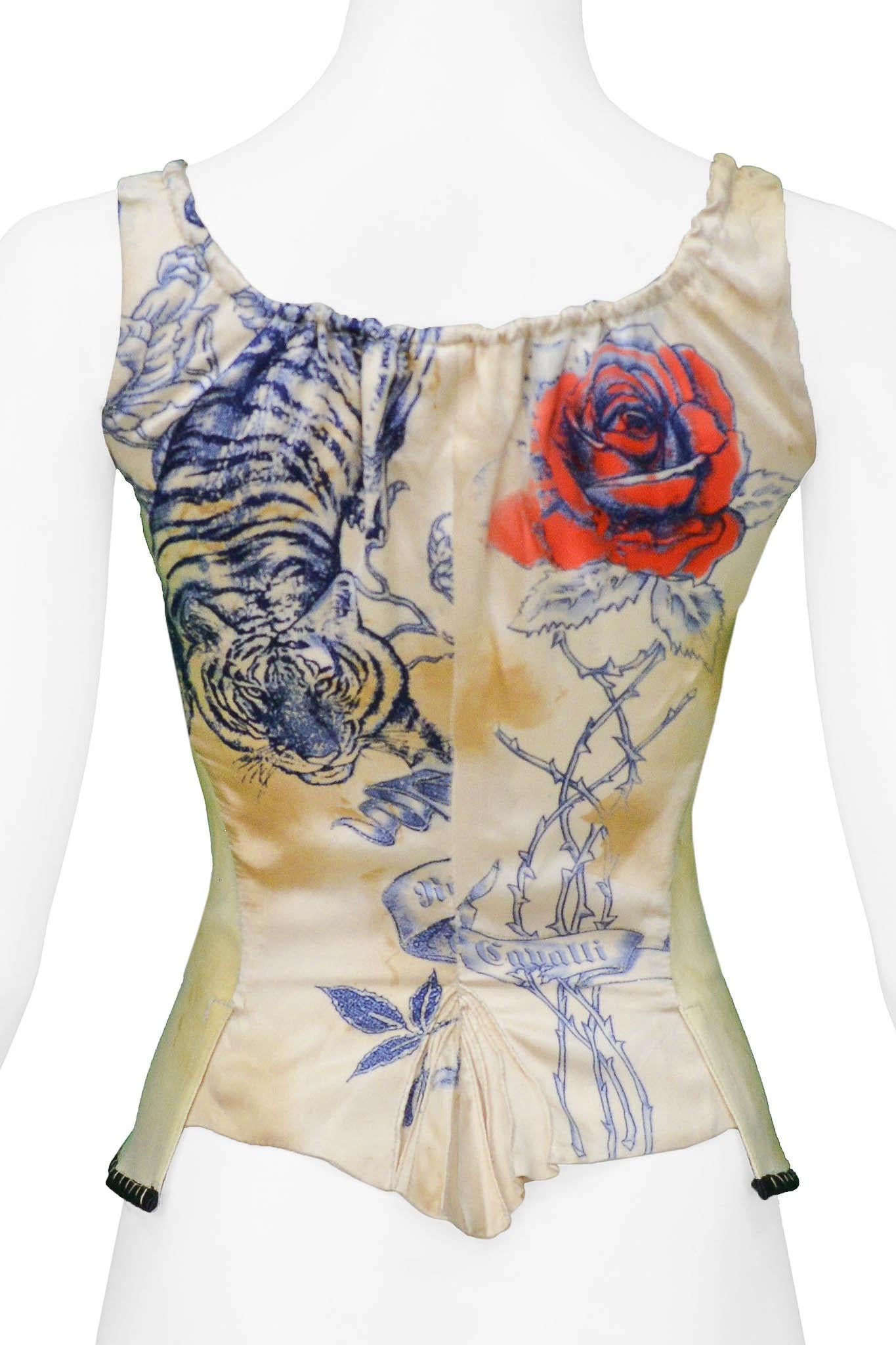 Roberto Cavalli Iconic Off White Tattoo Print Corset Top In Excellent Condition In Los Angeles, CA