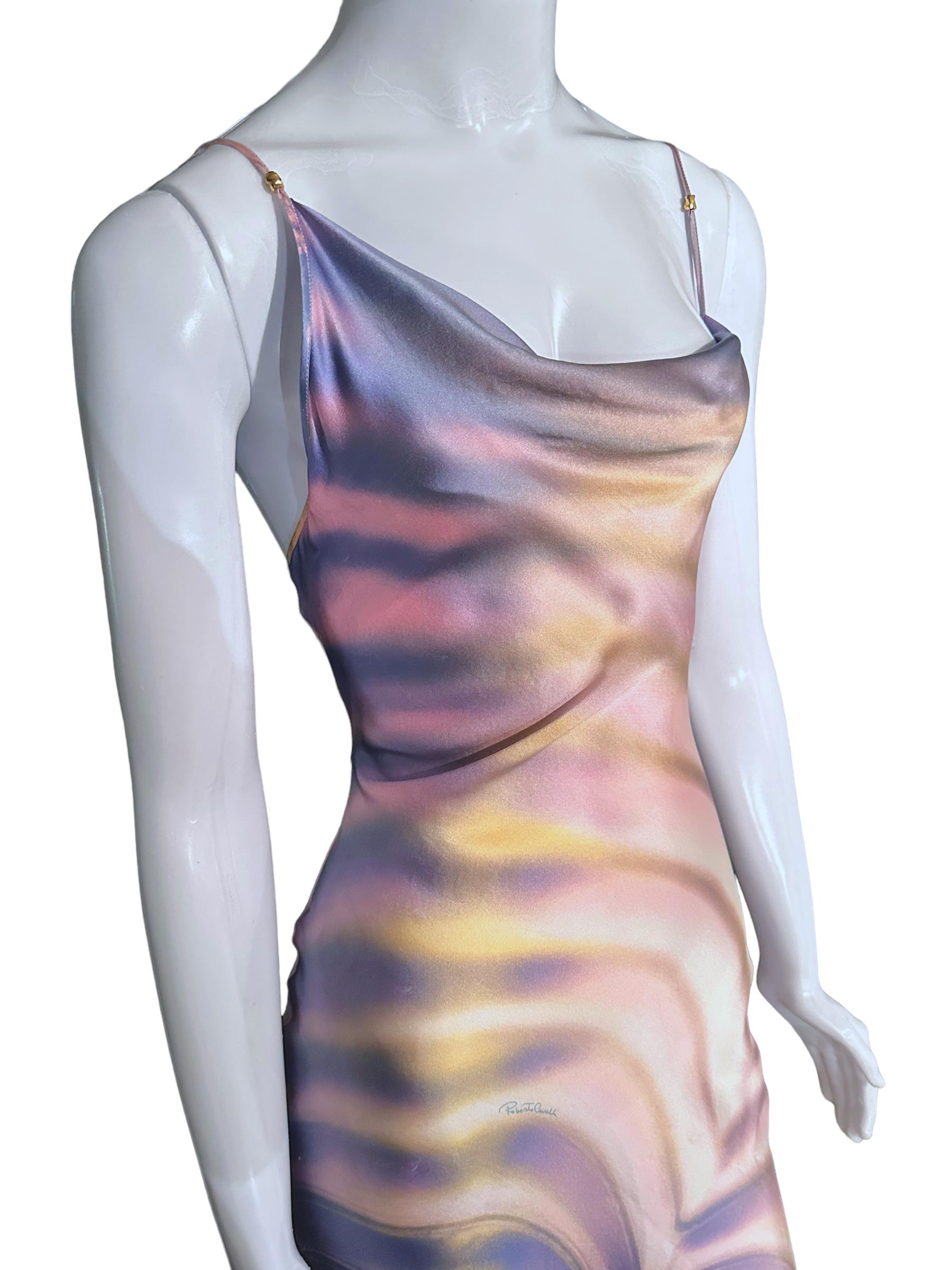 Roberto Cavalli Iconic Ss 2001 Psychedelic Print Cowl Neck Bias-Cut Silk Dress For Sale 4