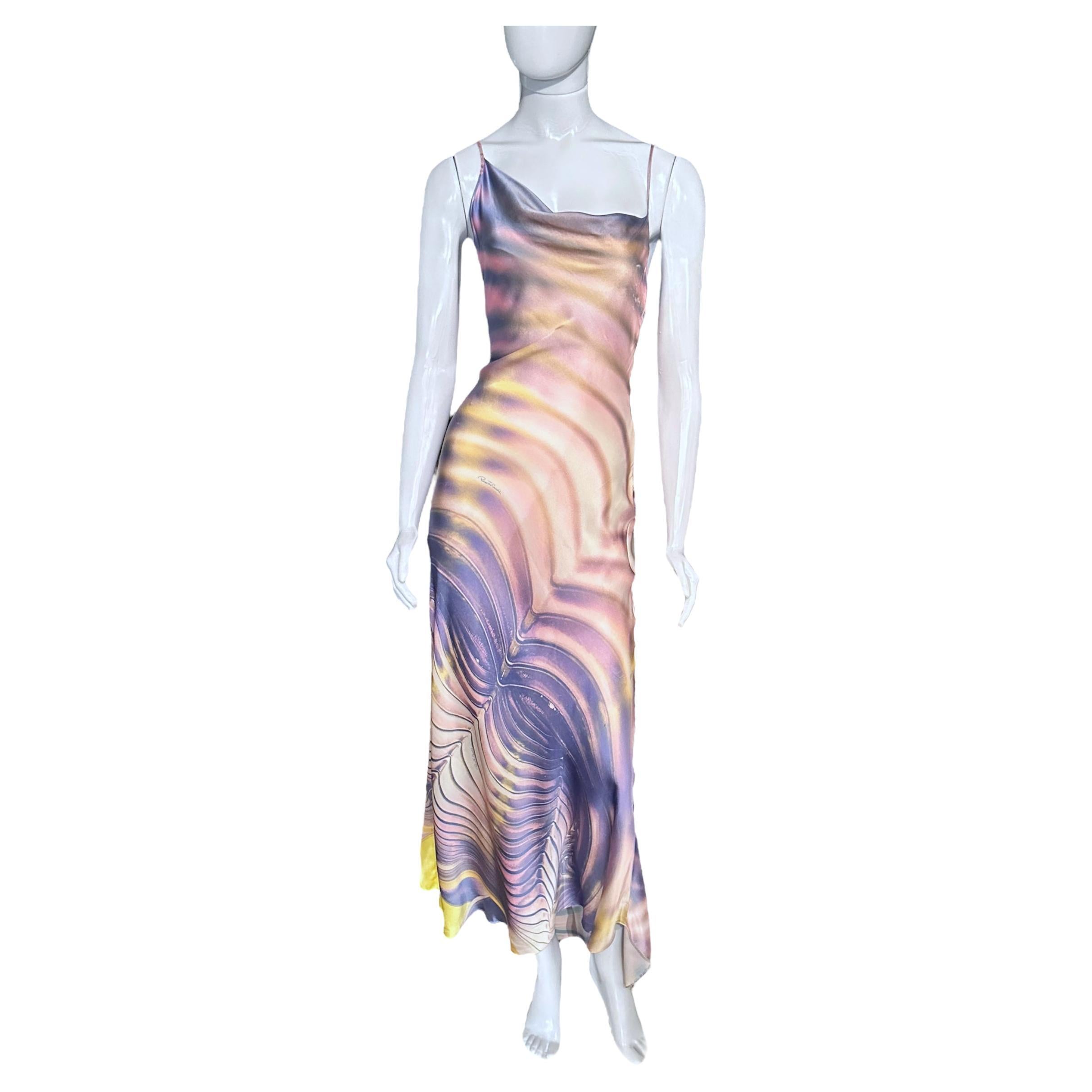Roberto Cavalli Iconic Ss 2001 Psychedelic Print Cowl Neck Bias-Cut Silk Dress For Sale