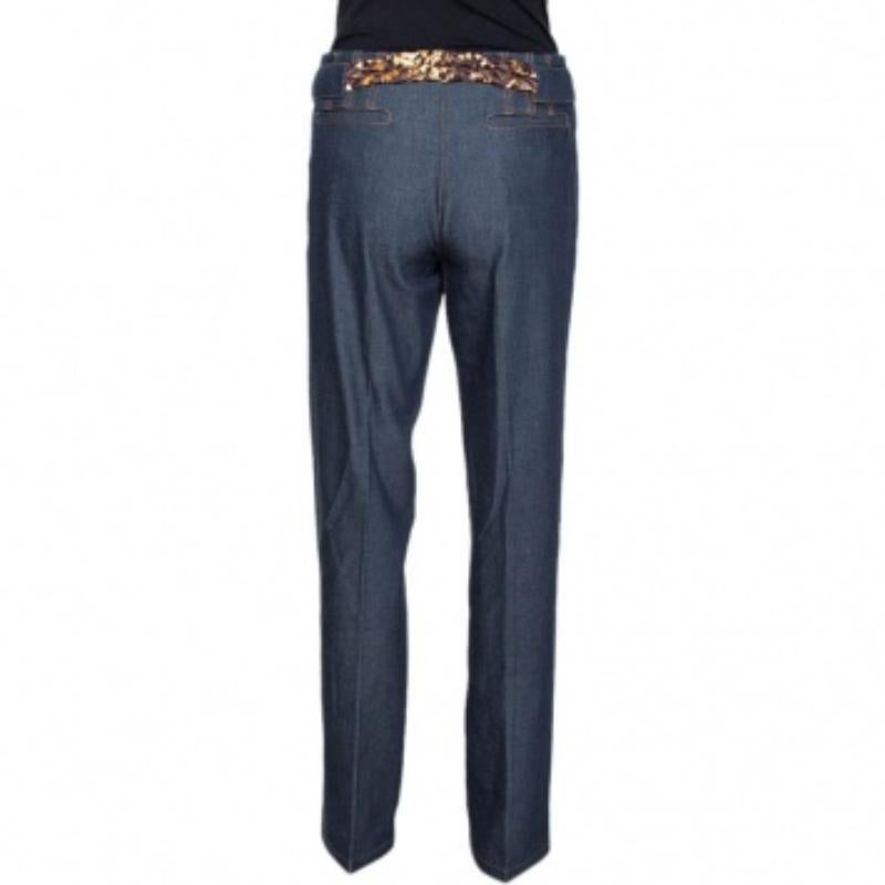 Noir Roberto Cavalli - Pantalon en coton extensible indigo avec bordure imprimé léopard L en vente