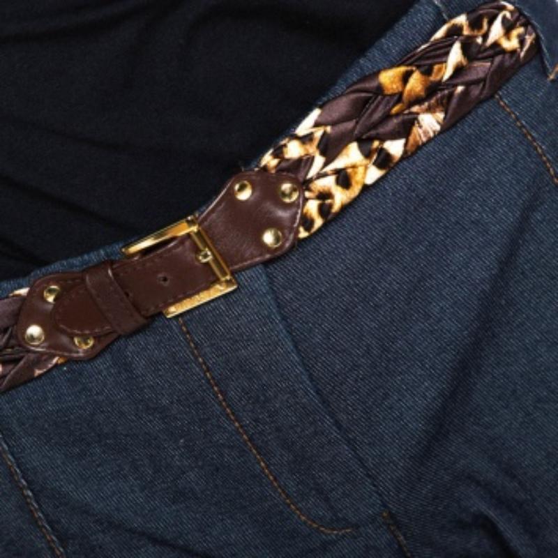 Roberto Cavalli - Pantalon en coton extensible indigo avec bordure imprimé léopard L Excellent état - En vente à Dubai, Al Qouz 2