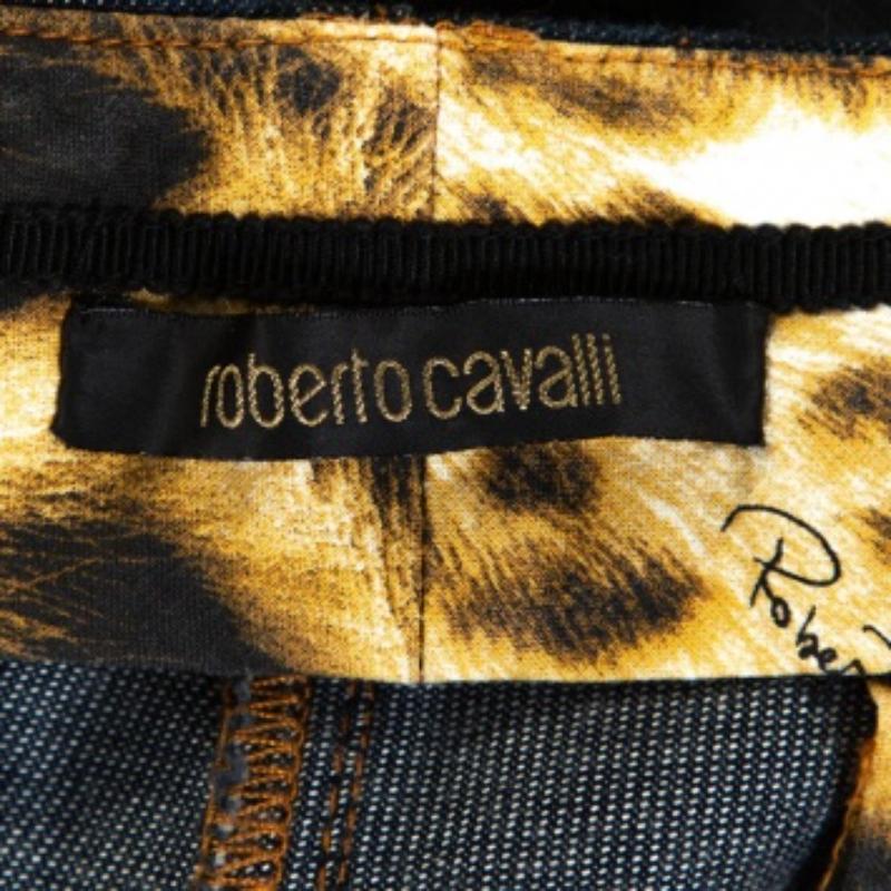Roberto Cavalli - Pantalon en coton extensible indigo avec bordure imprimé léopard L en vente 2