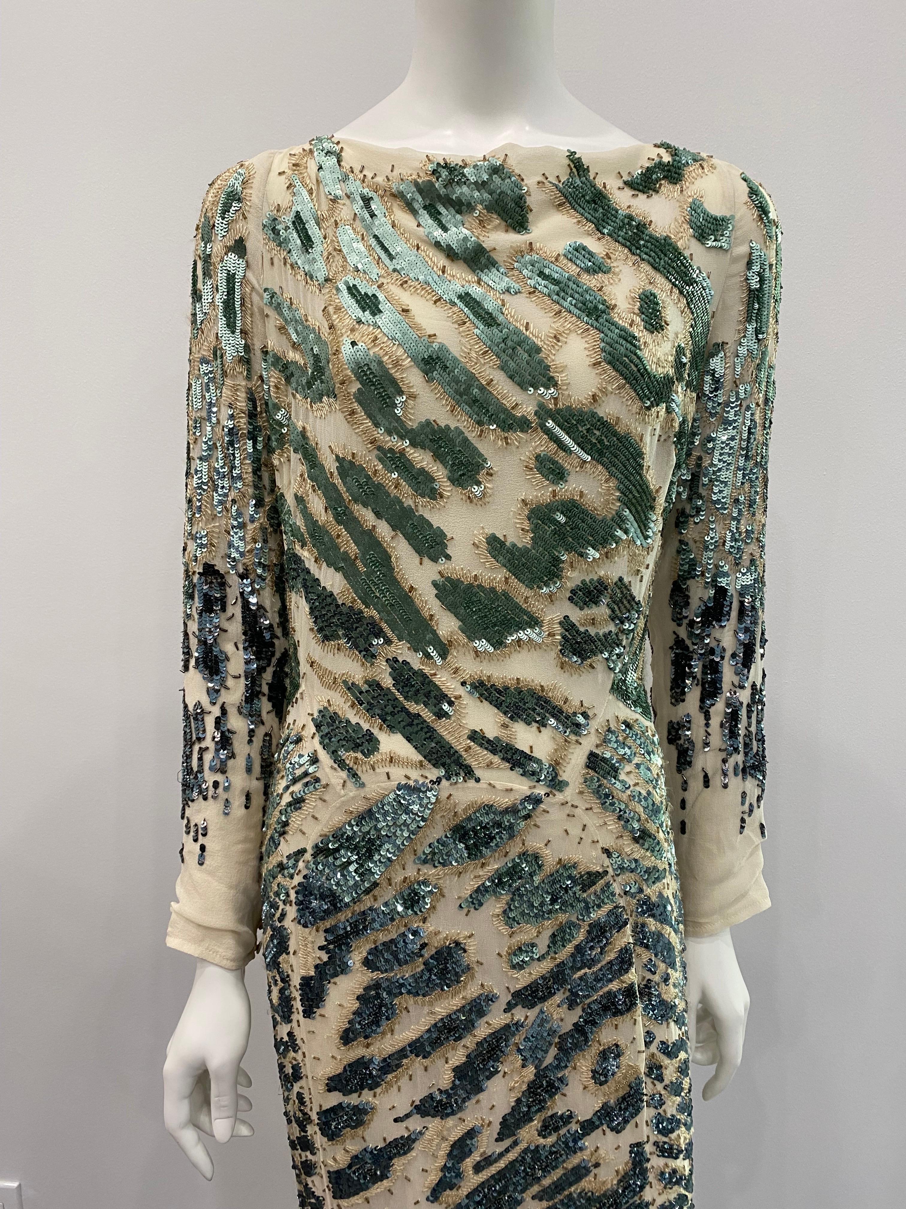 Roberto Cavalli Ivory and Green Sequin Chiffon Gown-Sz 44 In Good Condition For Sale In West Palm Beach, FL