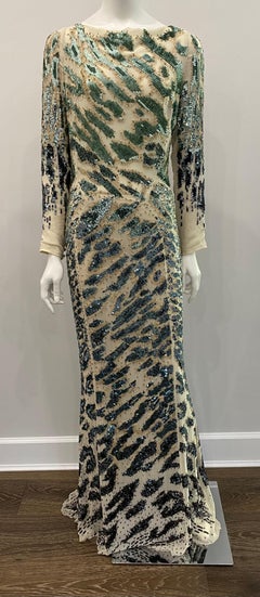 Roberto Cavalli Ivory and Green Sequin Chiffon Gown-Sz 44
