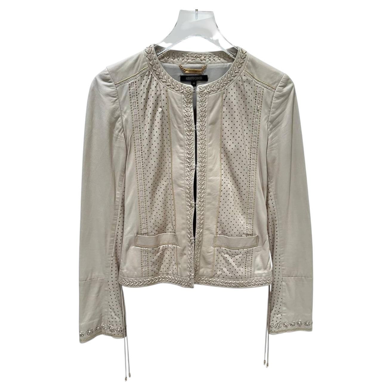 Pre-owned Roberto Cavalli Ivory Leather Cropped Jacket It 40 In White
