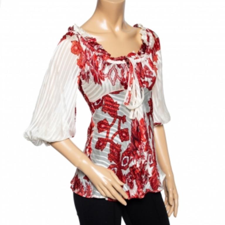 Roberto Cavalli Elfenbein & Rot bedruckte Bluse mit Seidenkrawatte-Details und Krawatte S (Weiß) im Angebot
