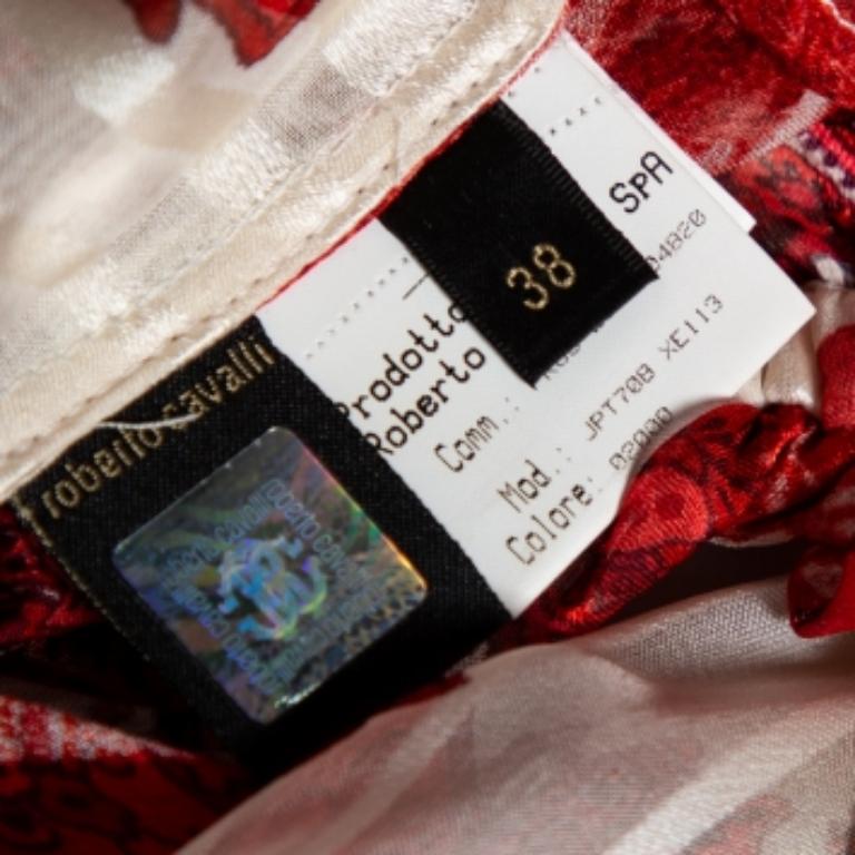 Roberto Cavalli Elfenbein & Rot bedruckte Bluse mit Seidenkrawatte-Details und Krawatte S Damen im Angebot