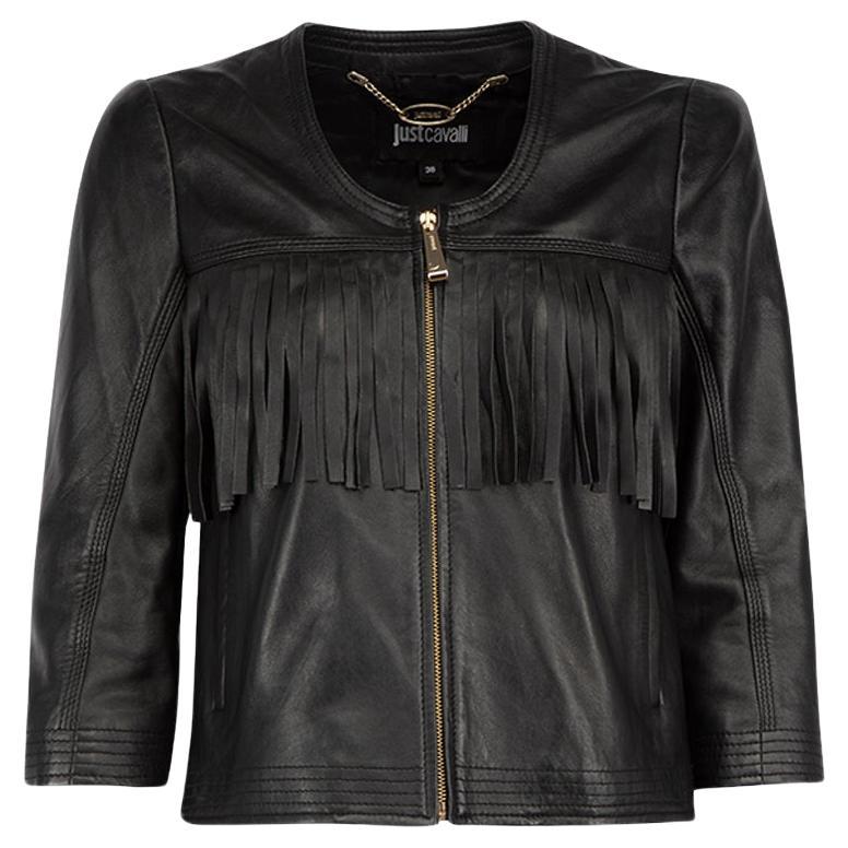 Roberto Cavalli Just Cavalli Black Leather Fringe Jacket Size XS