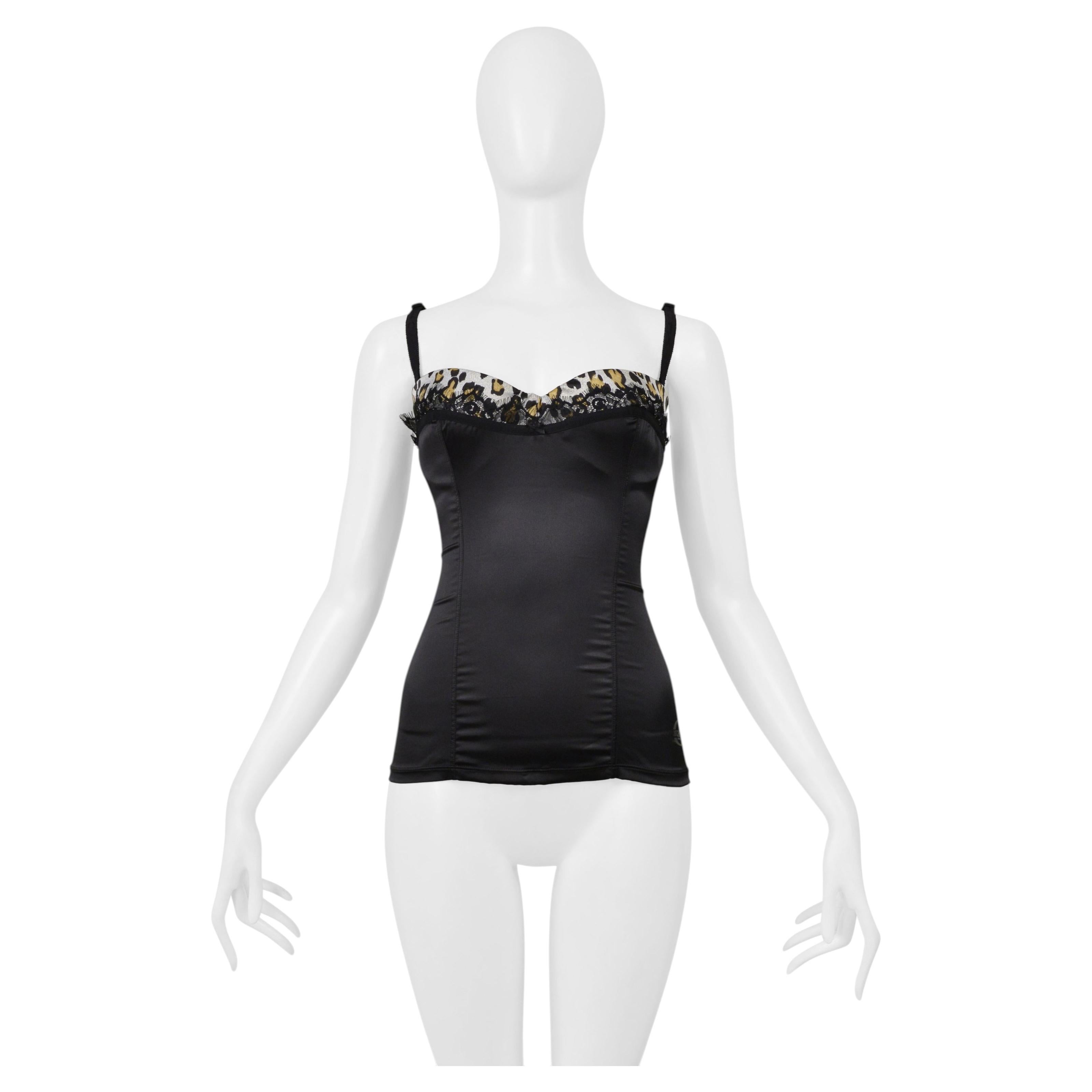 Roberto Cavalli Just Cavalli Black Satin & Leopard Print Top