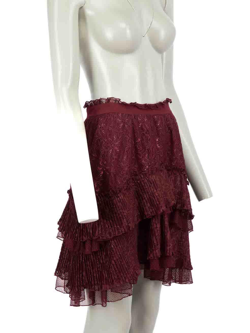 CONDITION is Very good. Minimal wear to skirt is evident. Minimal wear to the lining with the composition label having been removed on this used Just Cavalli designer resale item.
 
 
 
 Details
 
 
 Burgundy
 
 Lace
 
 Tiered skirt
 
 Mini
 
 Side