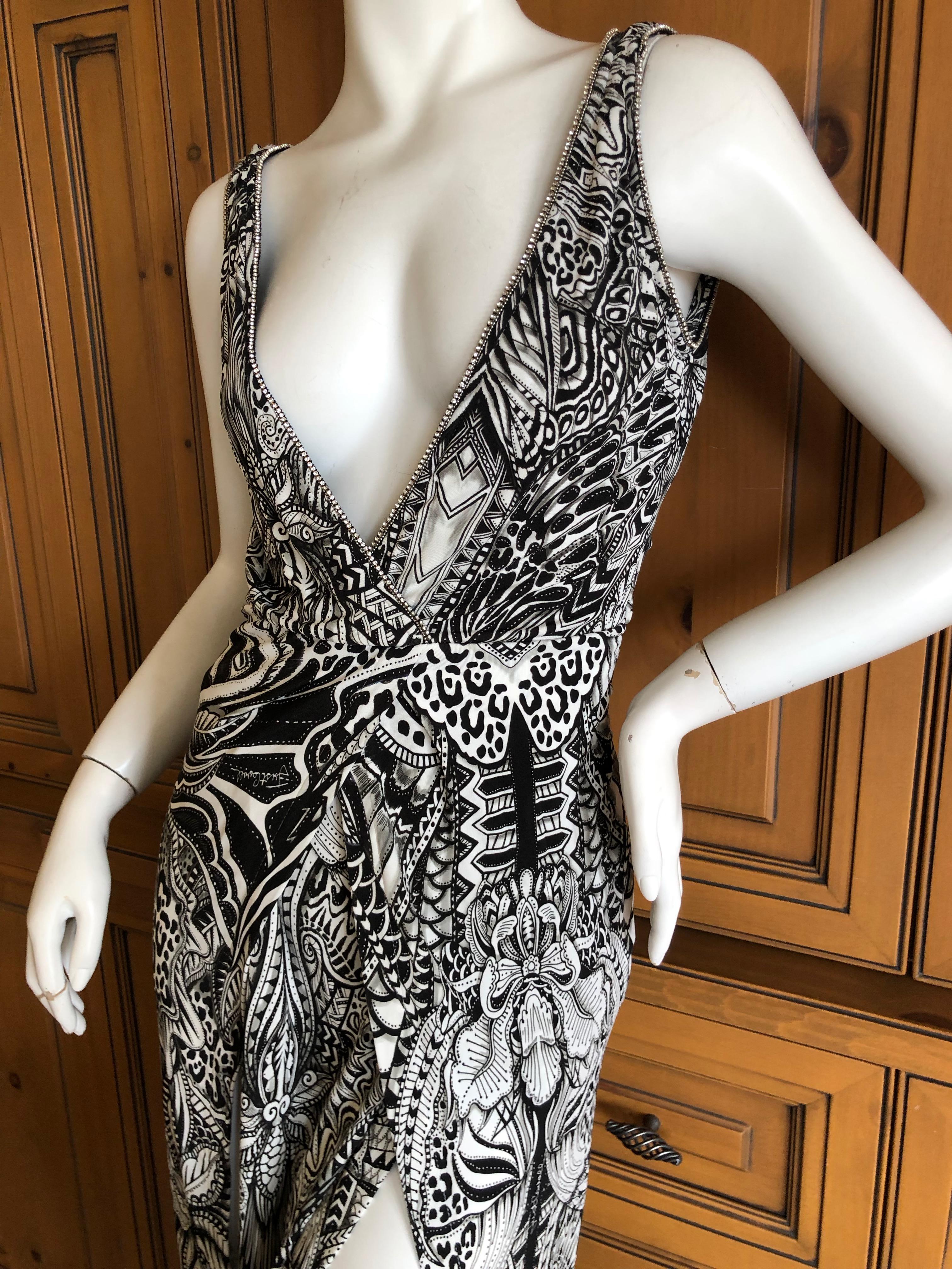 Gray Roberto Cavalli Just Cavalli Crystal Trimmed Low Cut Graphic Evening Dress New