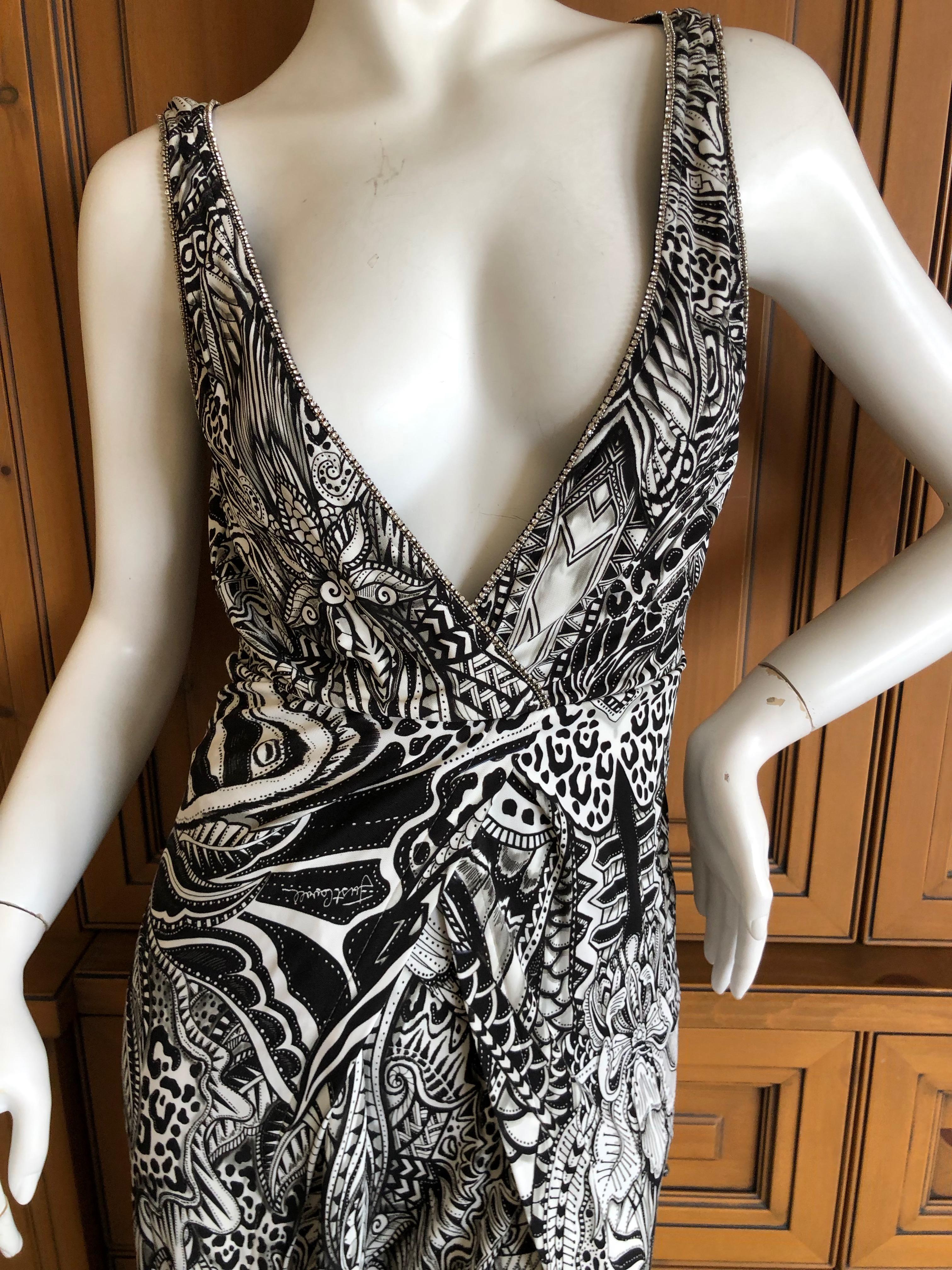 Roberto Cavalli Just Cavalli Crystal Trimmed Low Cut Graphic Evening Dress New In New Condition In Cloverdale, CA