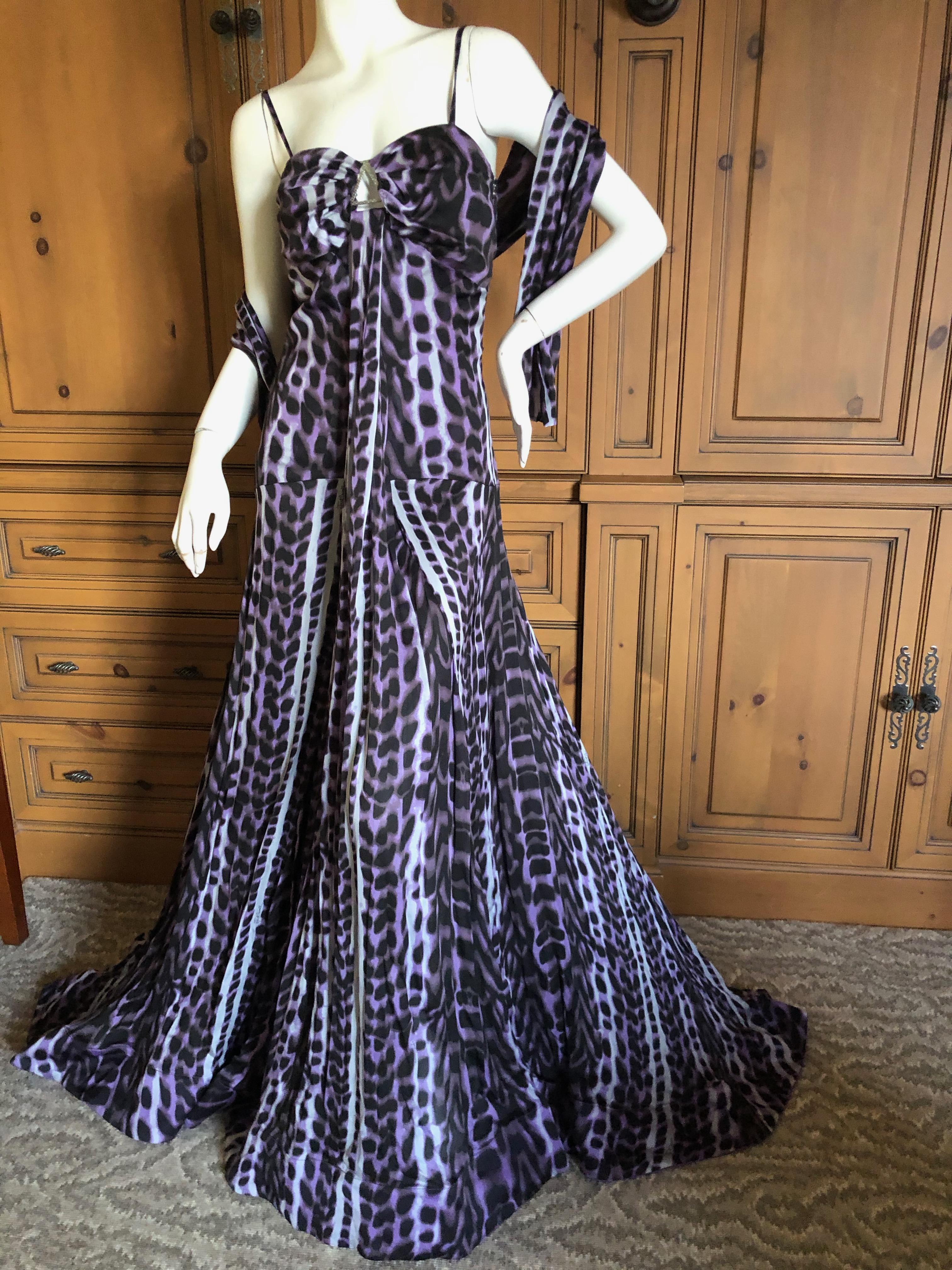  Roberto Cavalli Just Cavalli Leopard Print Silk Evening Gown Long Weighted Hem  In Excellent Condition For Sale In Cloverdale, CA