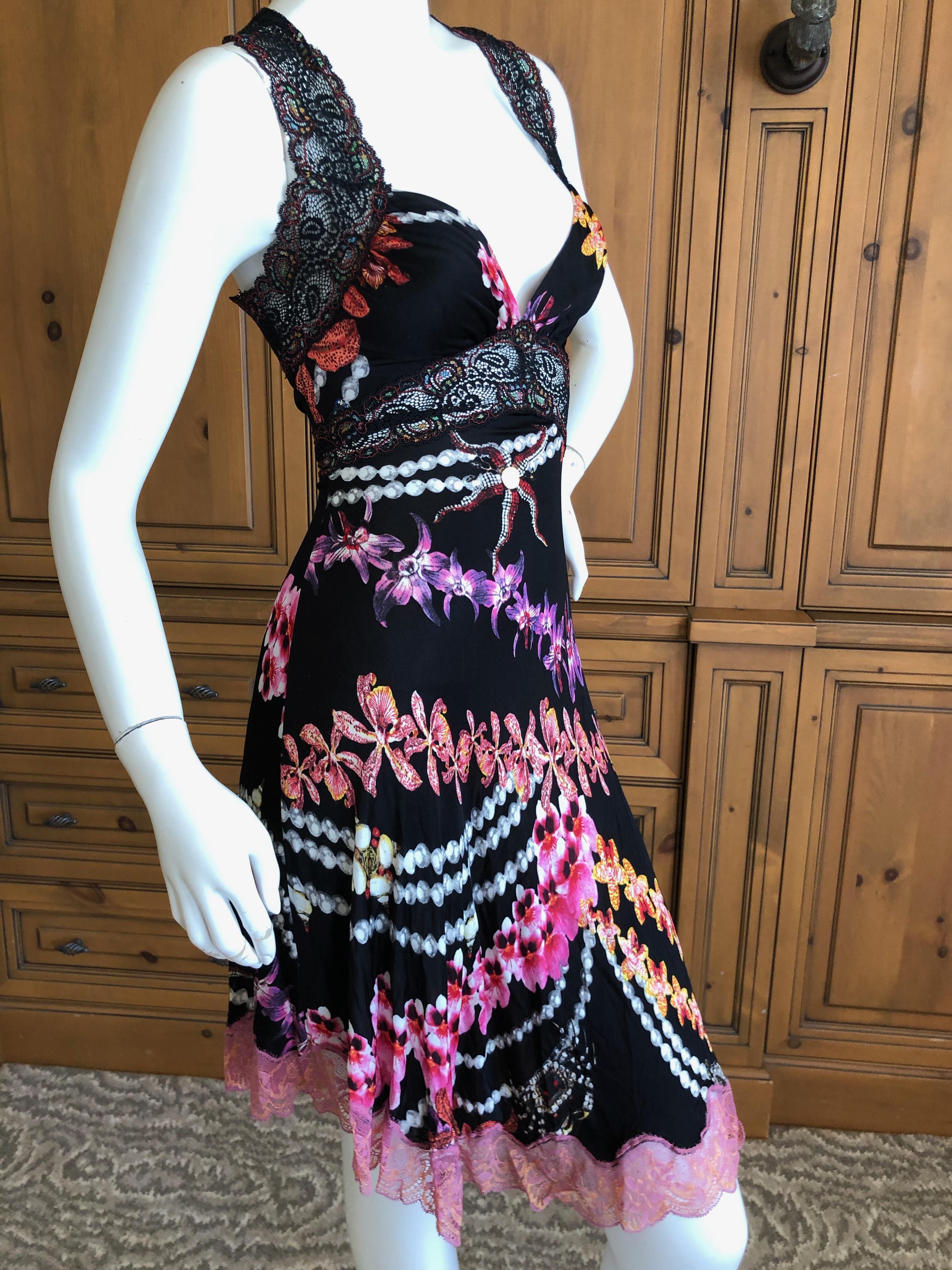 Roberto Cavalli Just Cavalli Orchid Print Lace Trim Racer Back Cocktail Dress For Sale 5