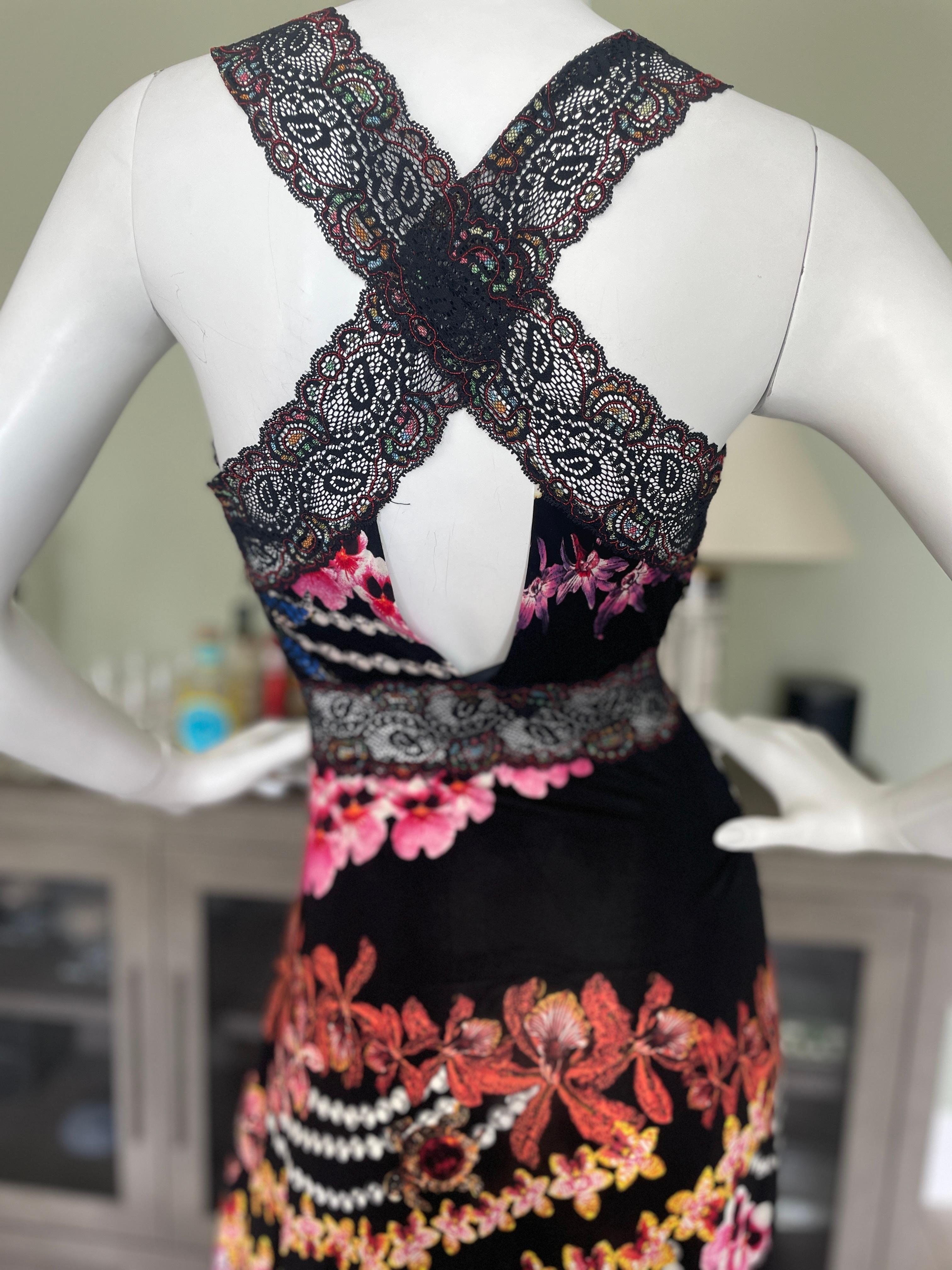 Roberto Cavalli Just Cavalli Orchid Print Lace Trim Racer Back Cocktail Dress In Excellent Condition In Cloverdale, CA