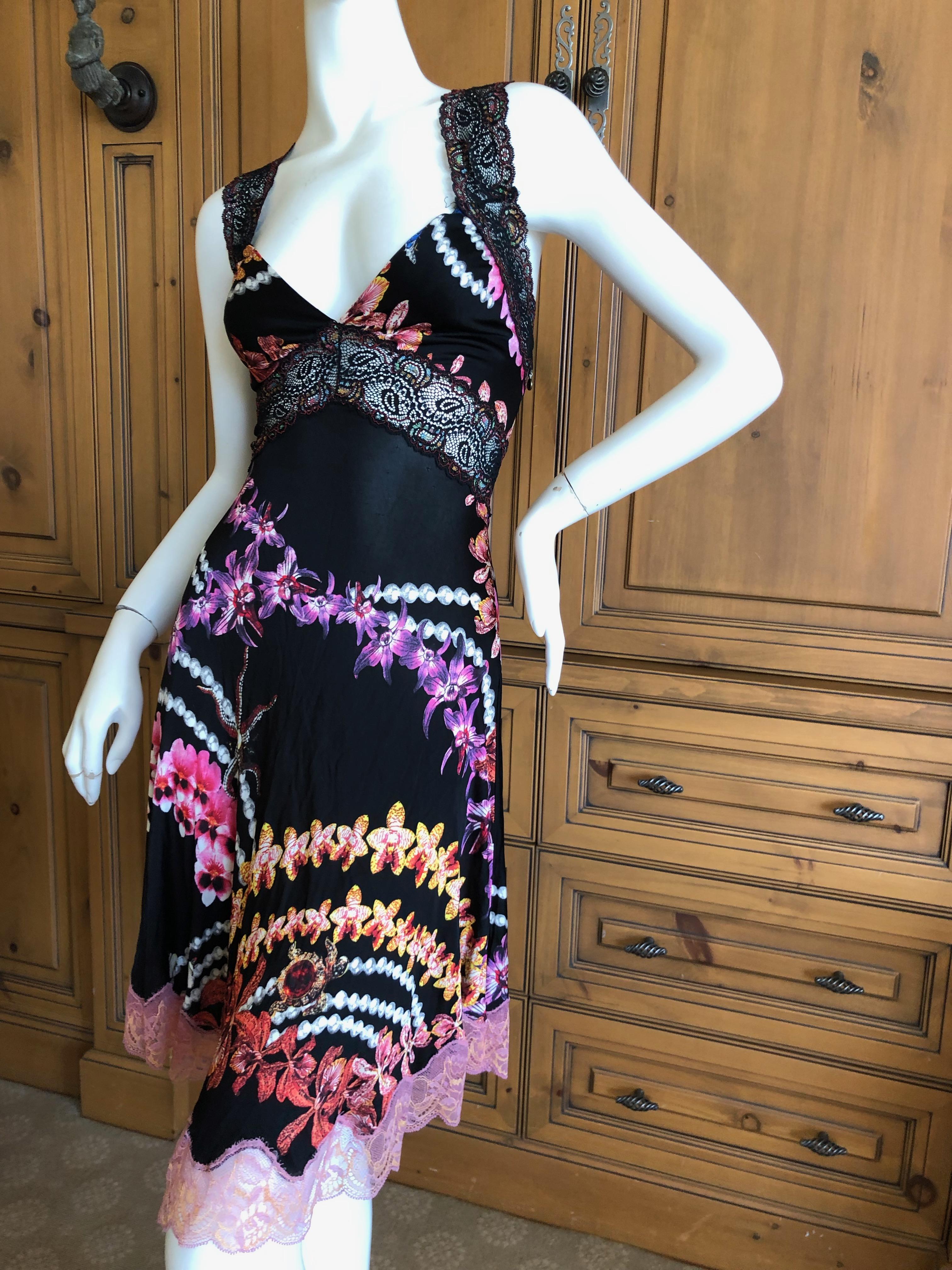 Roberto Cavalli Just Cavalli Orchid Print Lace Trim Racer Back Cocktail Dress In Excellent Condition For Sale In Cloverdale, CA