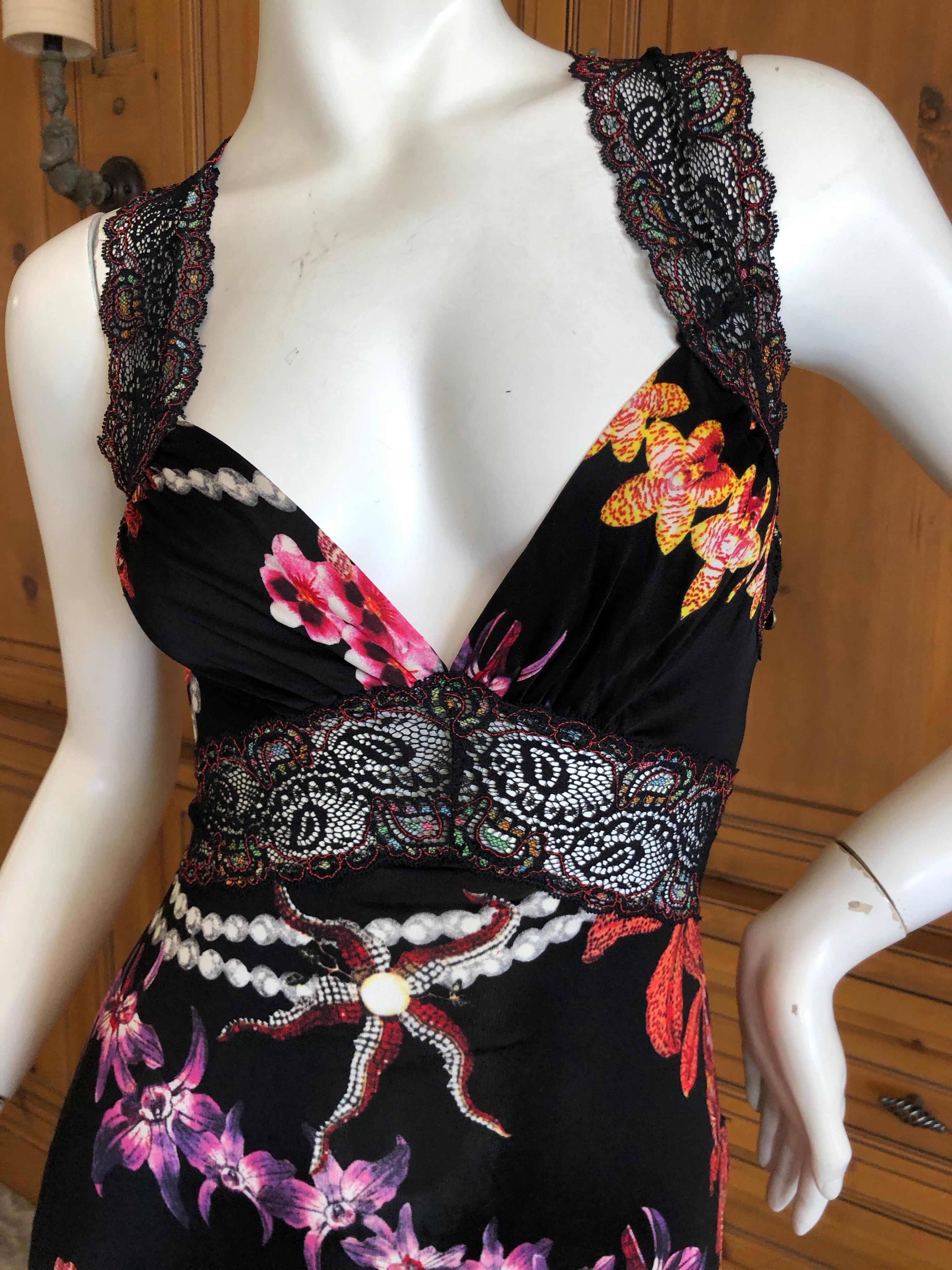 Roberto Cavalli Just Cavalli Orchid Print Lace Trim Racer Back Cocktail Dress For Sale 2