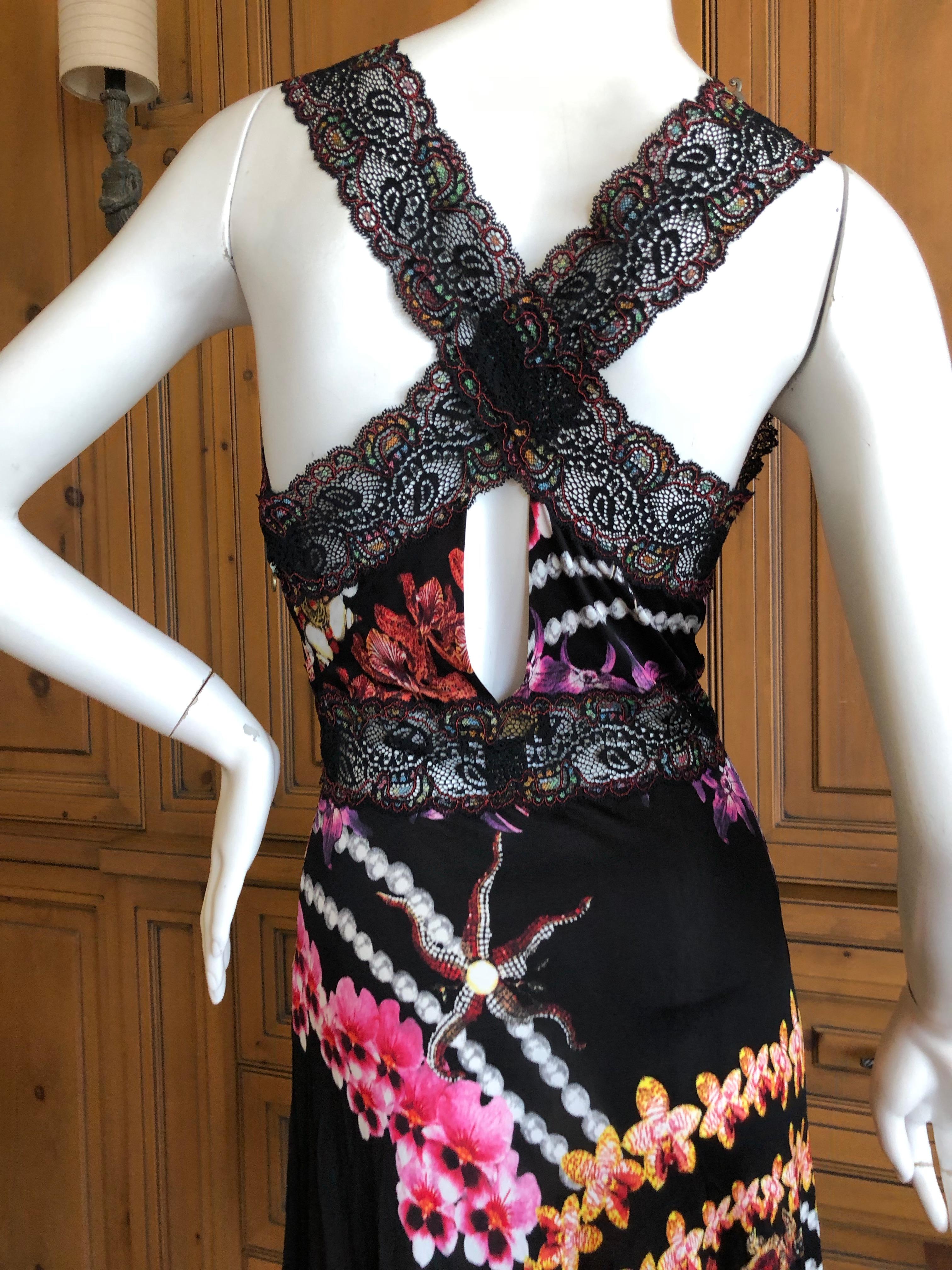 Roberto Cavalli Just Cavalli Orchid Print Lace Trim Racer Back Cocktail Dress For Sale 3
