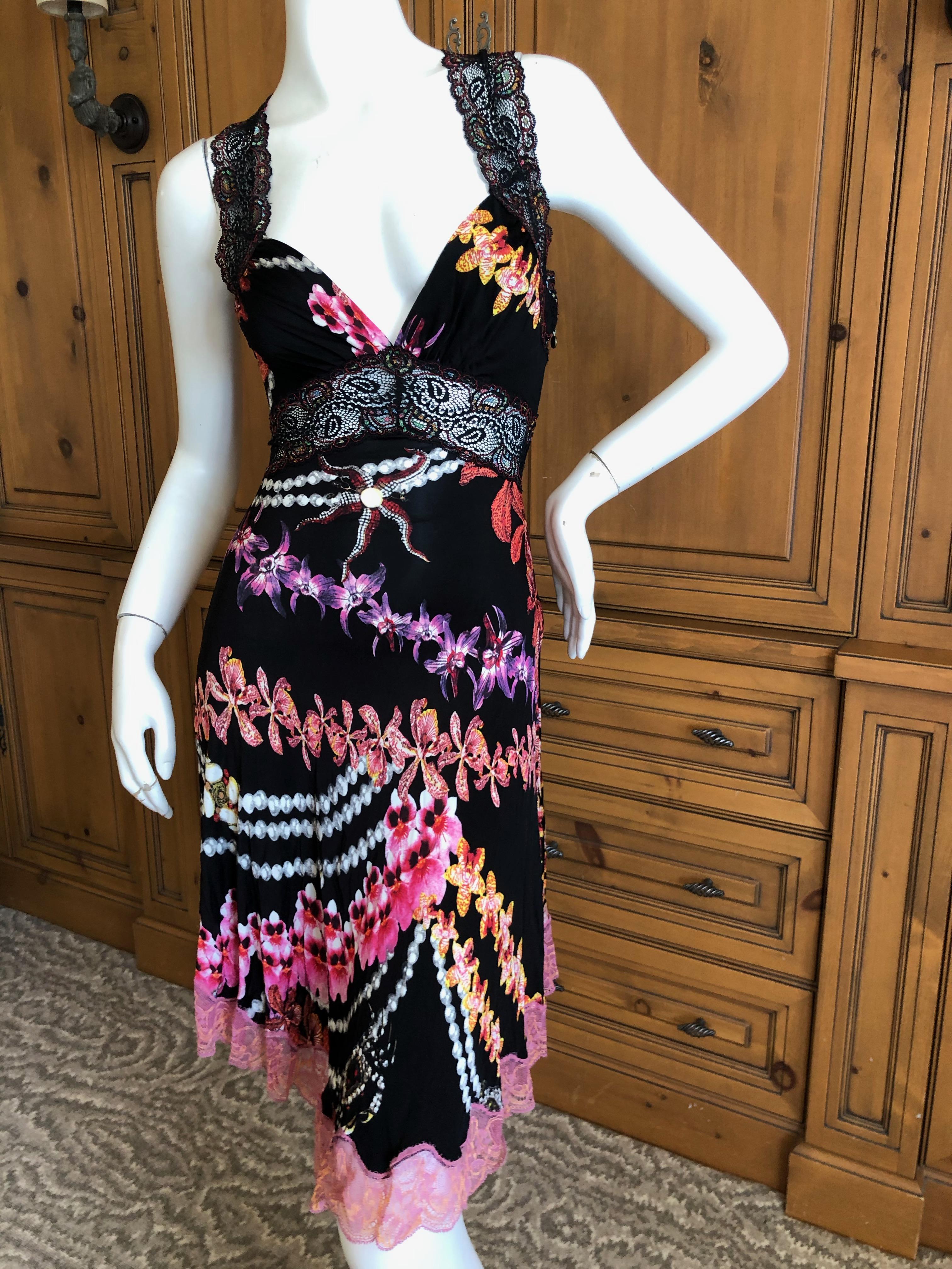Roberto Cavalli Just Cavalli Orchid Print Lace Trim Racer Back Cocktail Dress For Sale 3