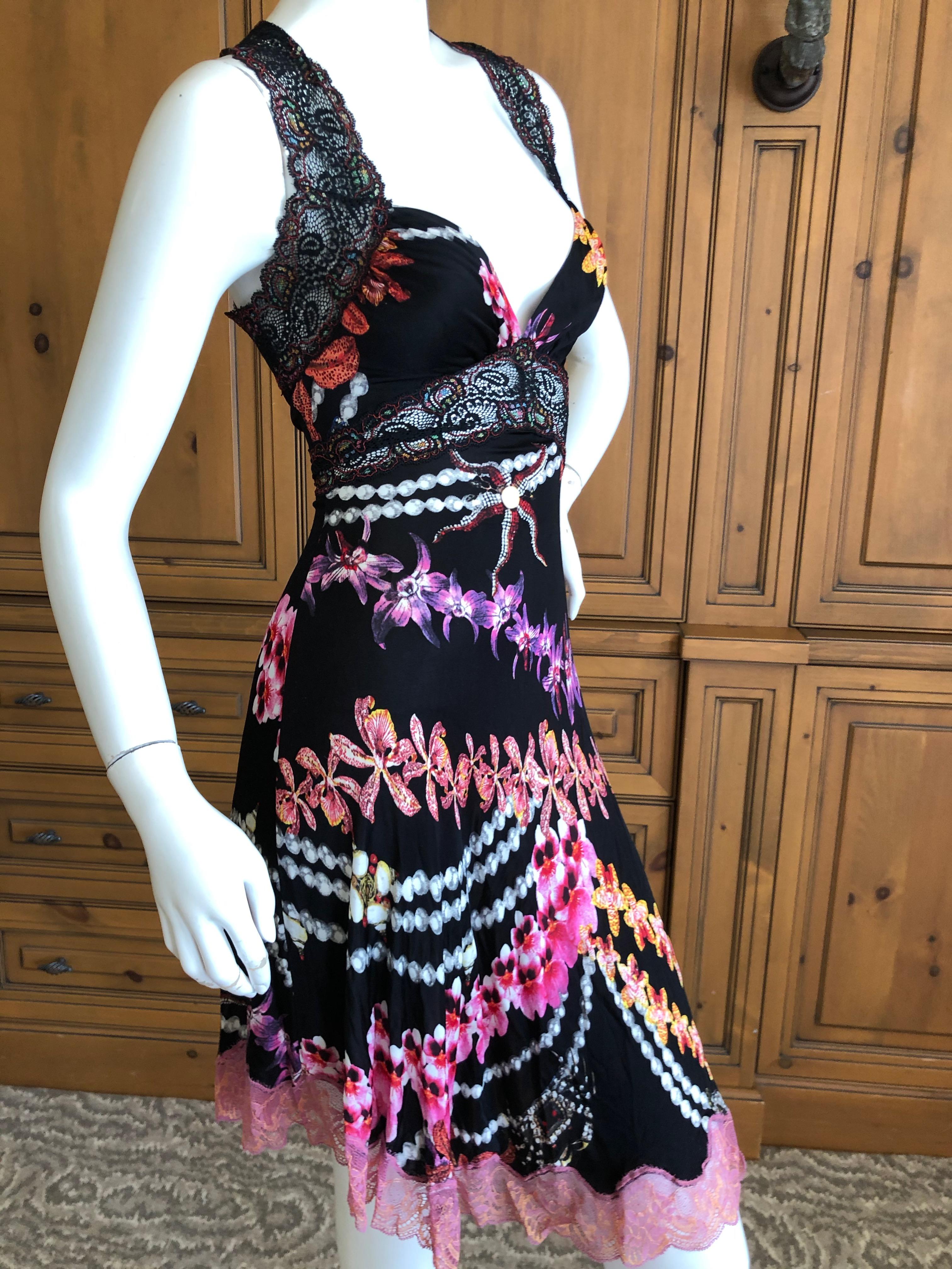 Roberto Cavalli Just Cavalli Orchid Print Lace Trim Racer Back Cocktail Dress For Sale 4