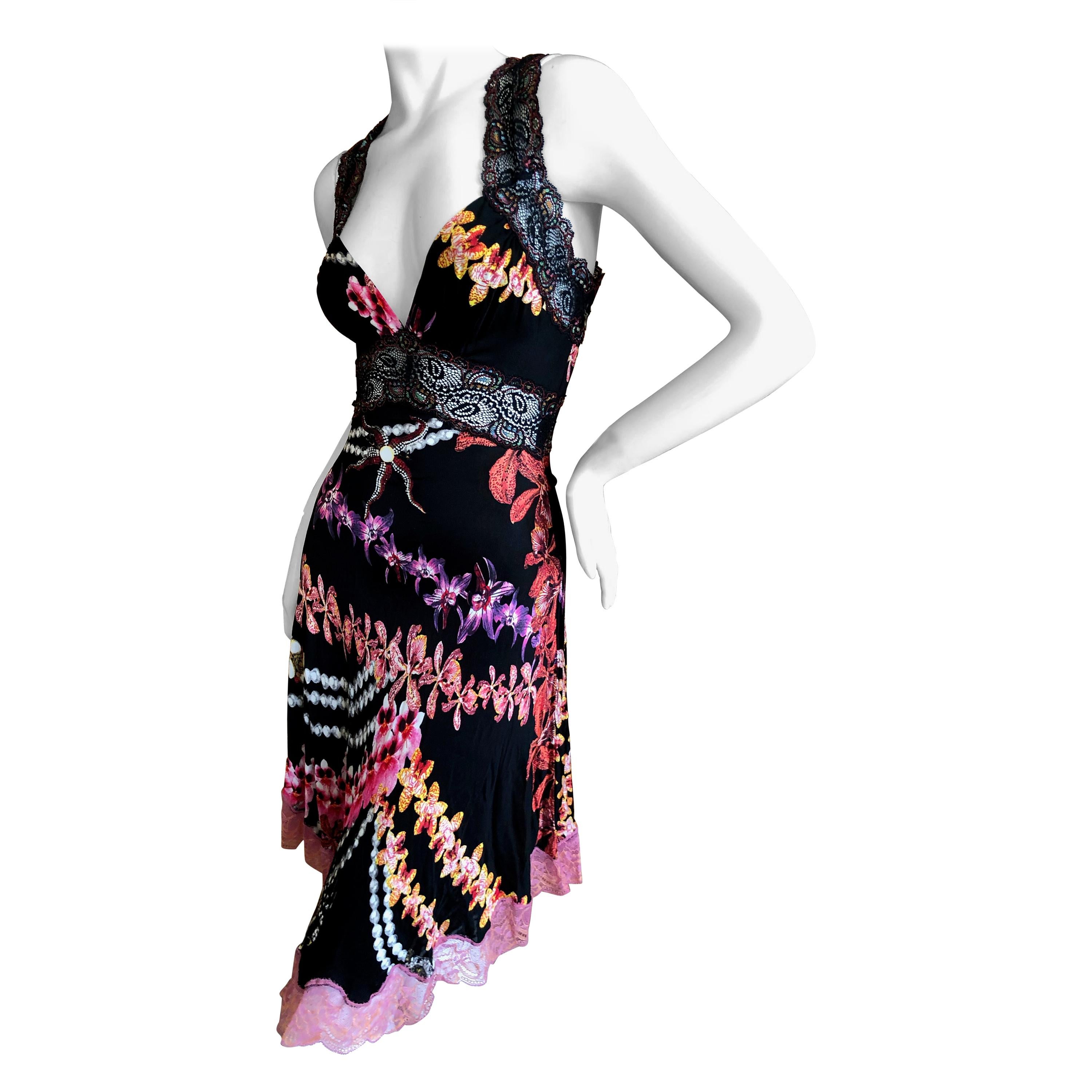 Roberto Cavalli Just Cavalli Orchid Print Lace Trim Racer Back Cocktail Dress For Sale