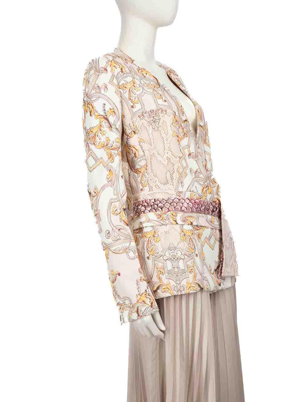 CONDITION is Very good. Hardly any visible wear to the blazer is evident on this used Just Cavalli designer resale item.
 
 
 
 Details
 
 
 Multicolour - Pink and Ecru
 
 Viscose
 
 Mid length blazer
 
 Snakeskin baroque print pattern
 
 Front snap