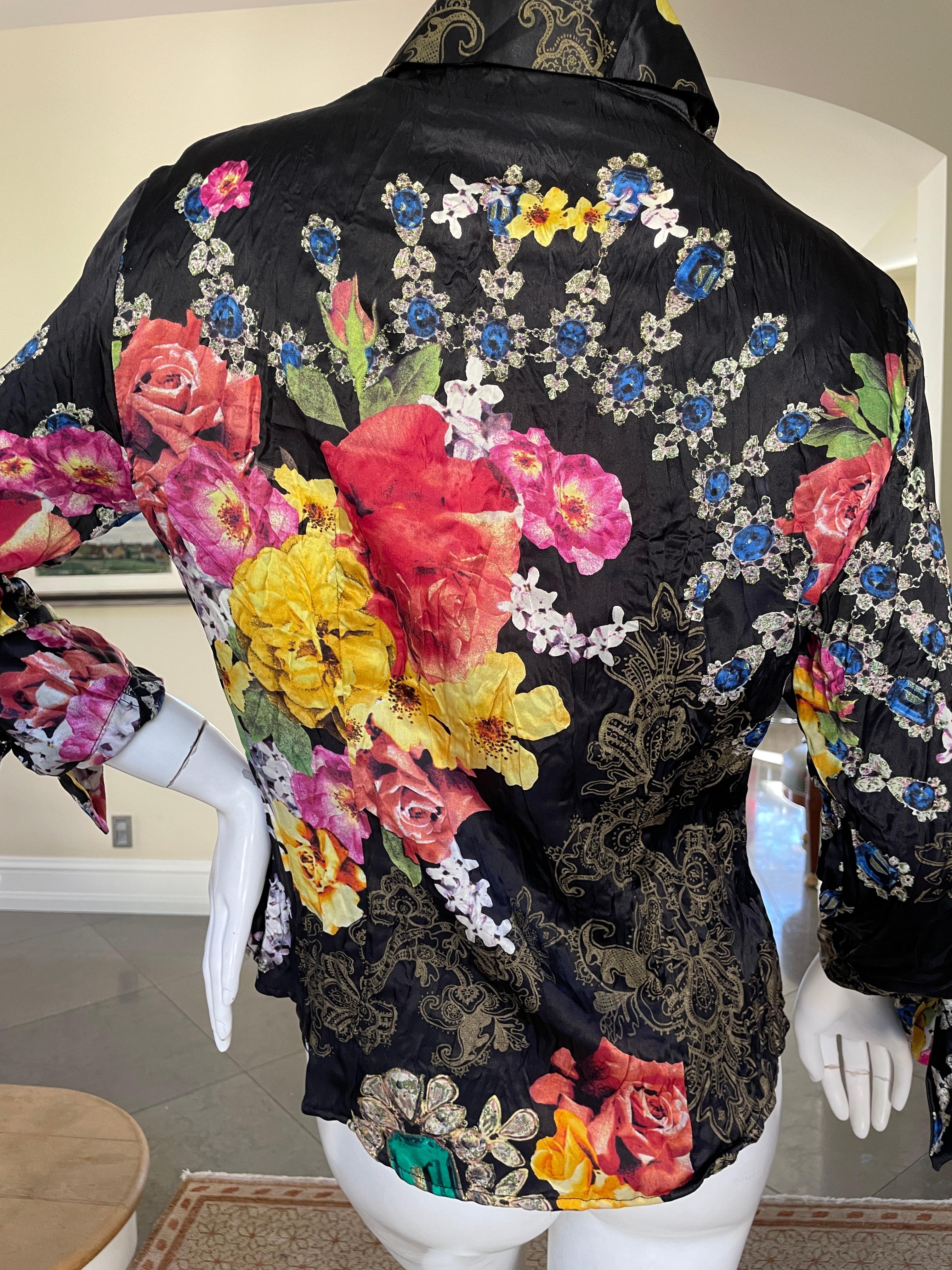 Roberto Cavalli Just Cavalli Vintage Jewels and Flower Print Silk Blouse In Good Condition For Sale In Cloverdale, CA