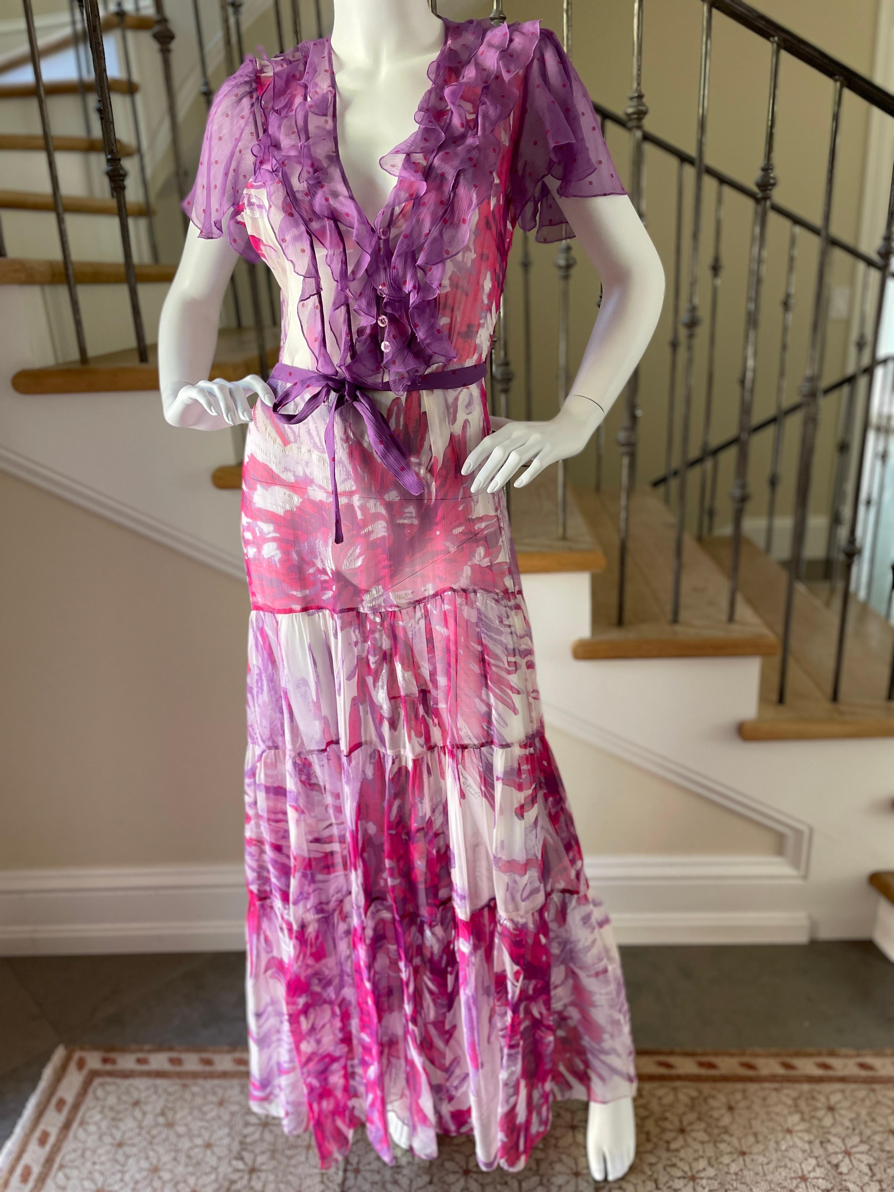 Roberto Cavalli Just Cavalli Vintage Sheer Silk Chiffon Dress w Flutter Sleeves In Excellent Condition For Sale In Cloverdale, CA