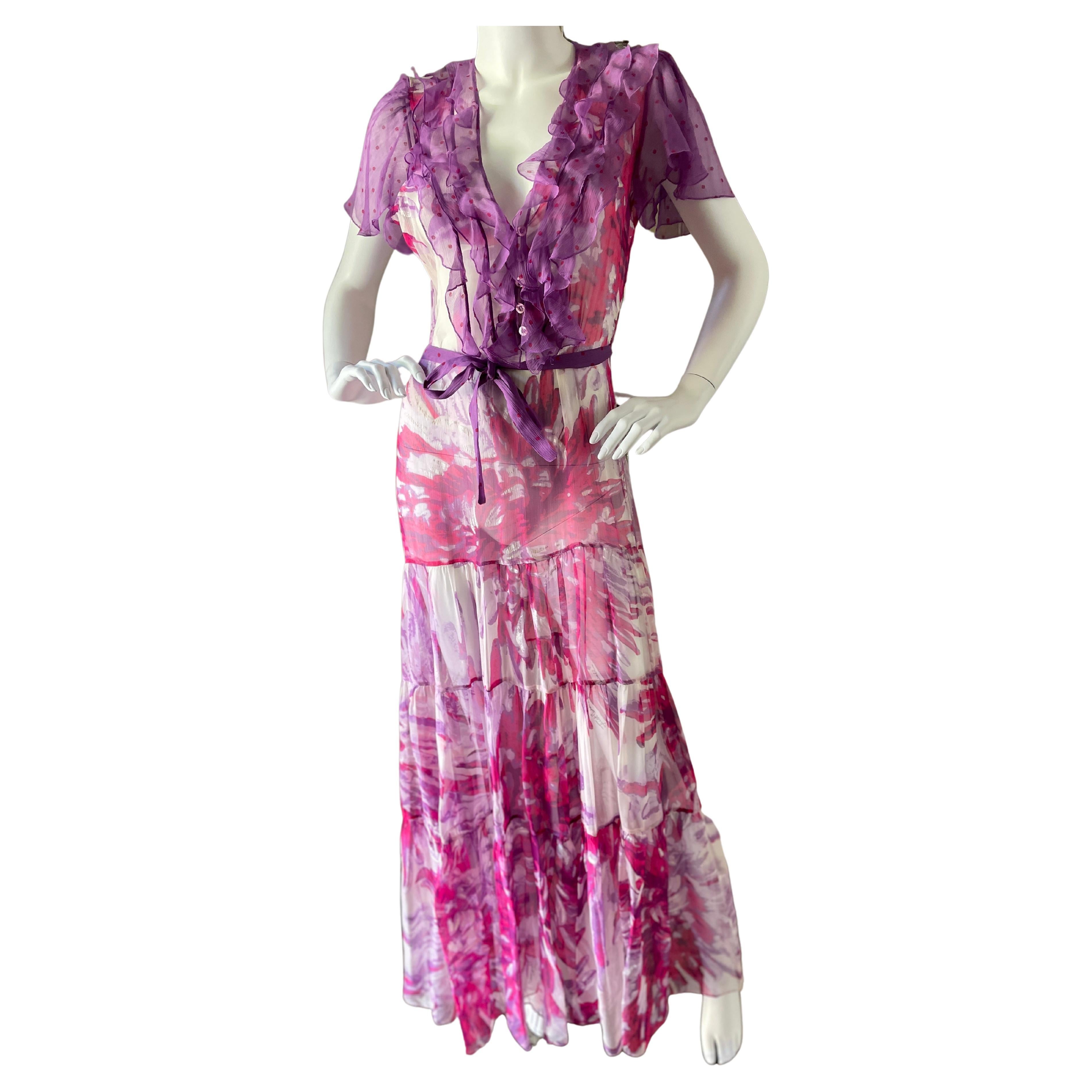 Roberto Cavalli Just Cavalli Vintage Sheer Silk Chiffon Dress w Flutter Sleeves For Sale
