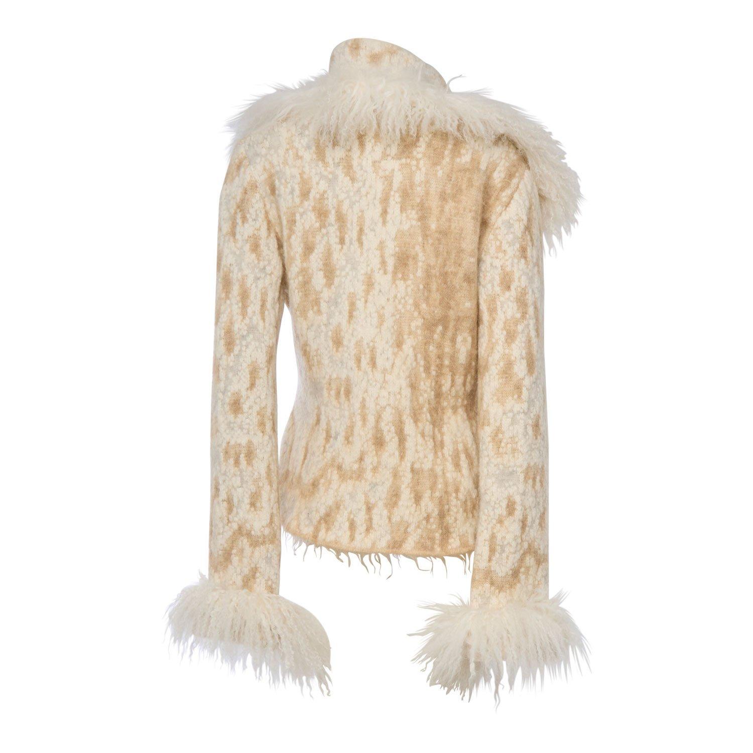 Beige Roberto Cavalli Knit Jacket with Monglian Fur Collar For Sale