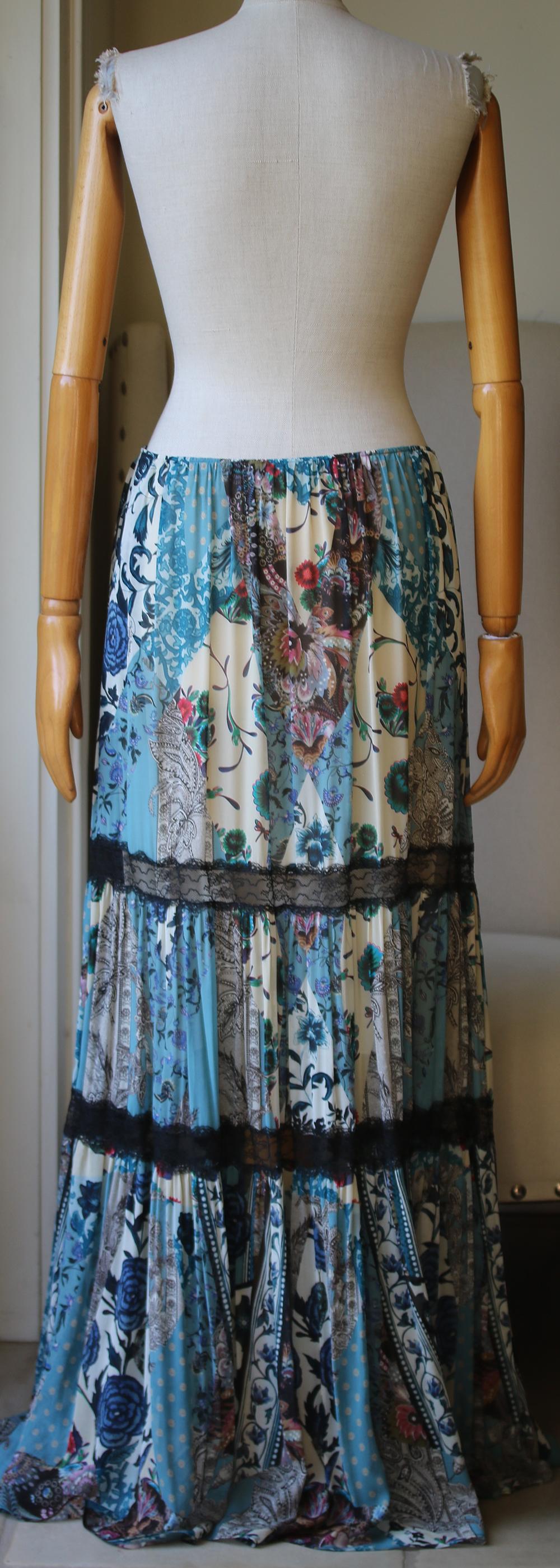 Gray Roberto Cavalli Lace-Trimmed Printed Silk-Chiffon Maxi Skirt