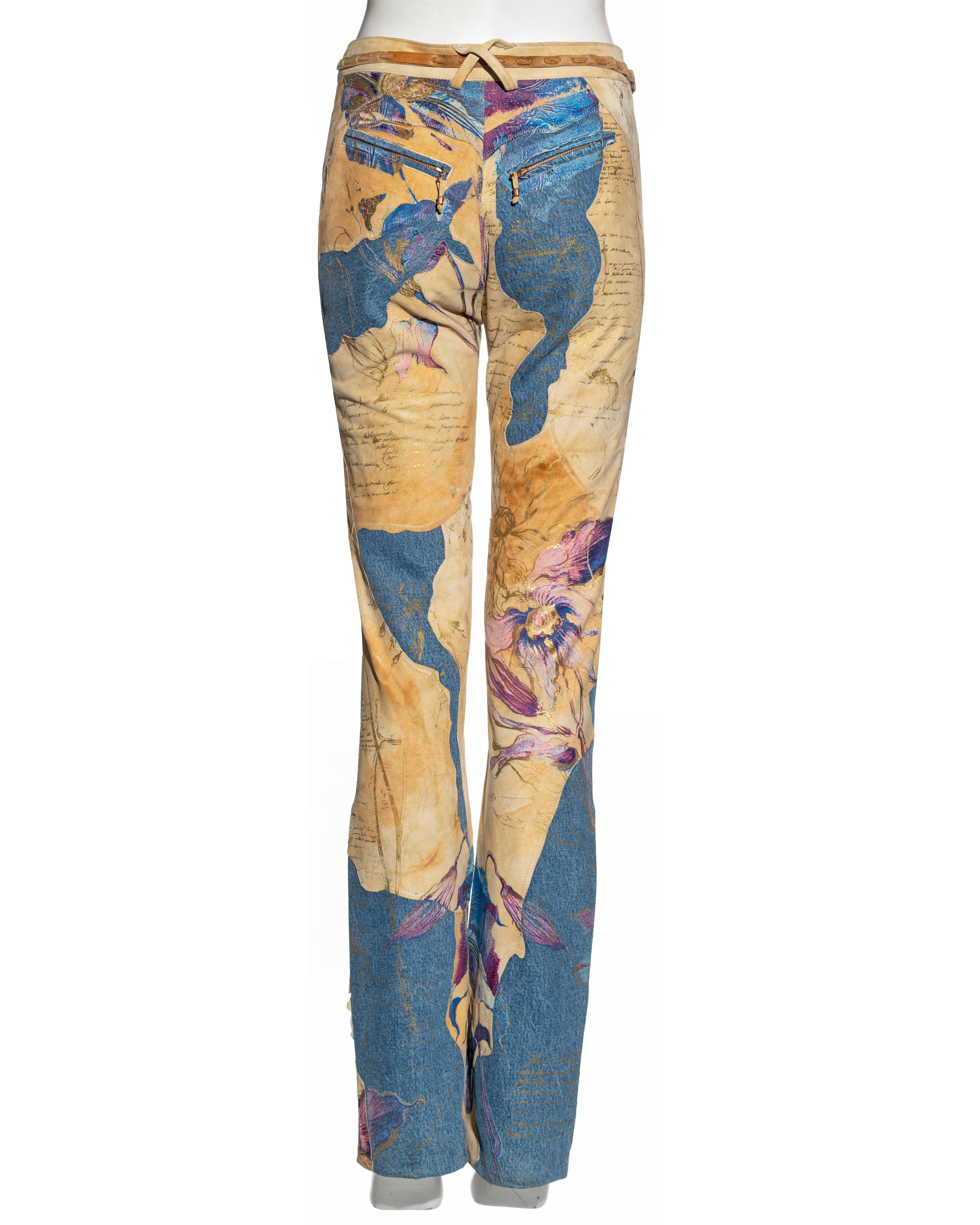 Roberto Cavalli leather and denim patchwork pants with gold foil print, fw 1999 5