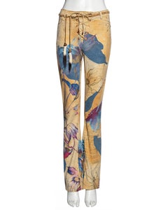 Roberto Cavalli leather and denim patchwork pants with gold foil print, fw 1999