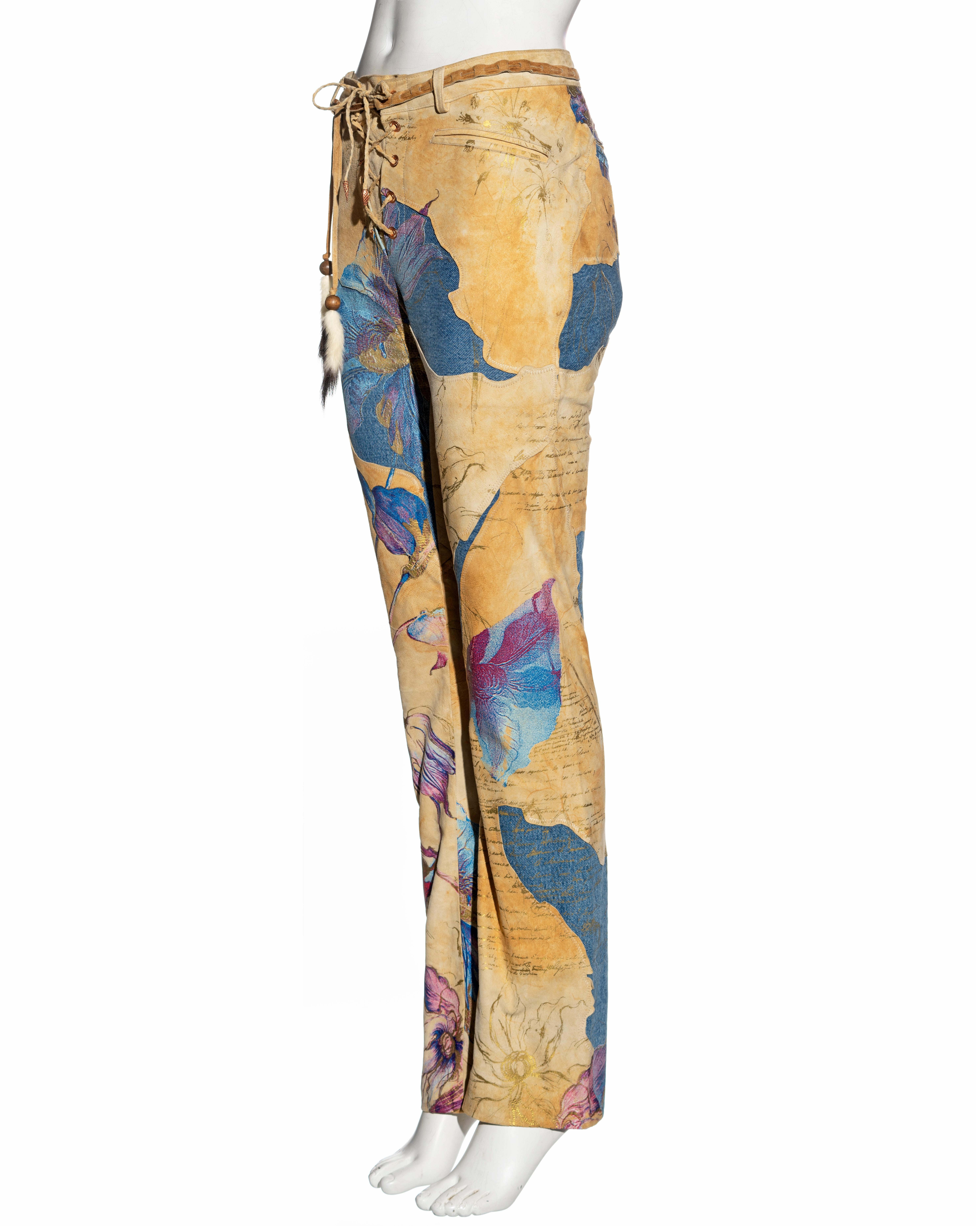 Roberto Cavalli leather and denim patchwork pants with gold foil print, fw 1999 1