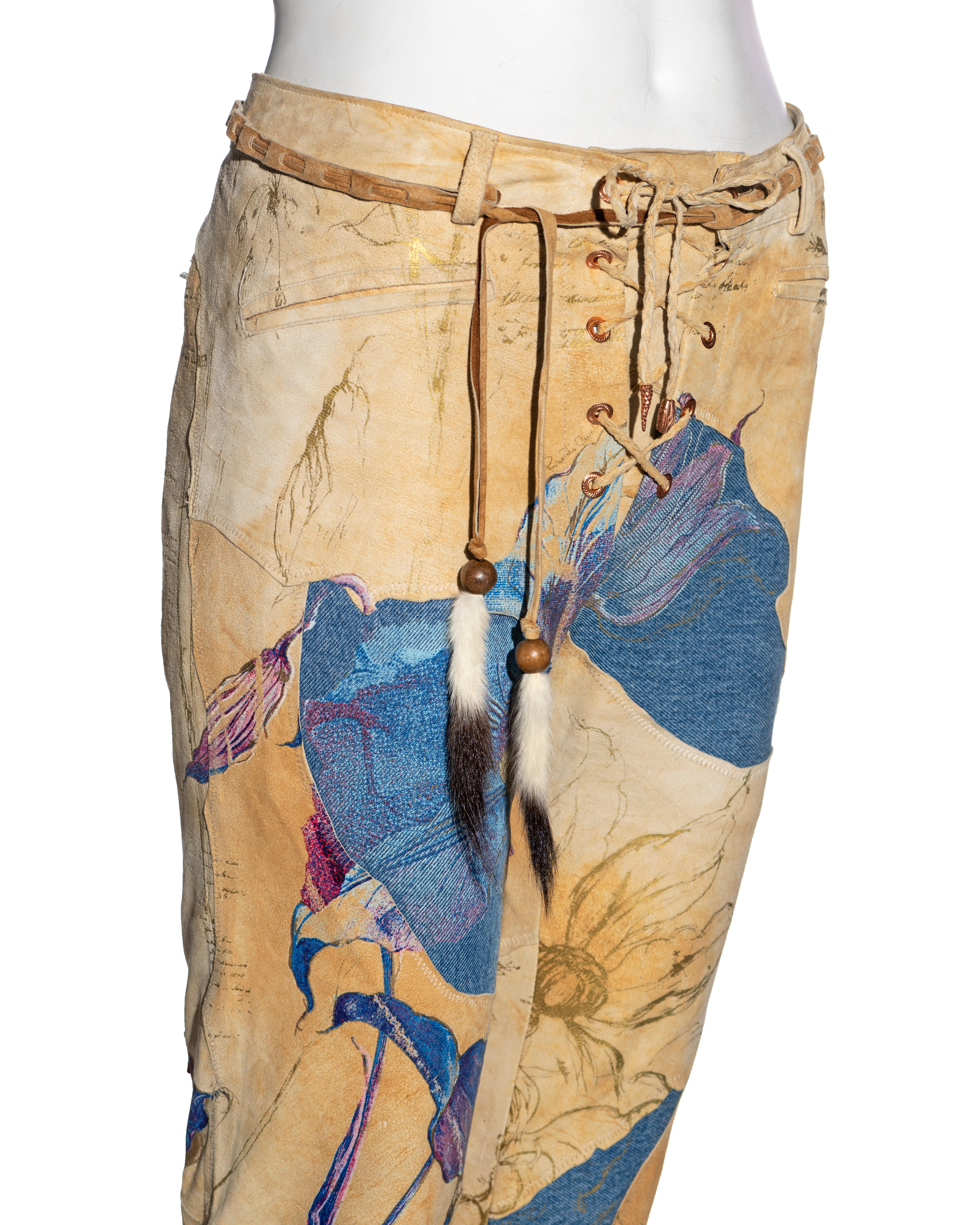 Roberto Cavalli leather and denim patchwork pants with gold foil print, fw 1999 2